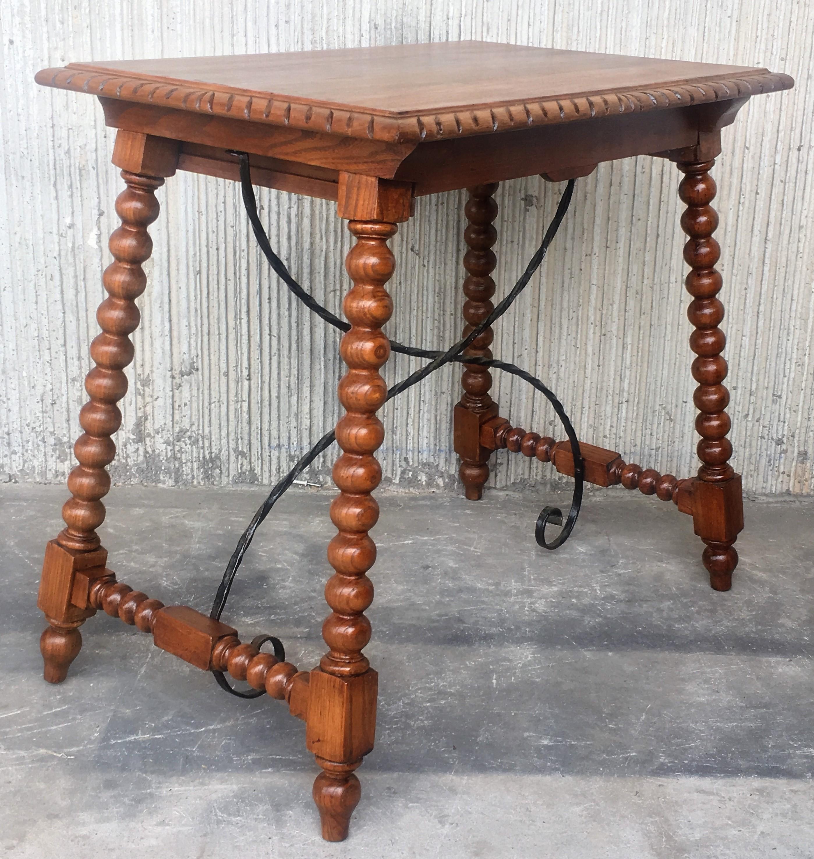 Spanish Colonial 19th Century Spanish Farm Table with Iron Stretchers, Hand Carved Top and Drawer