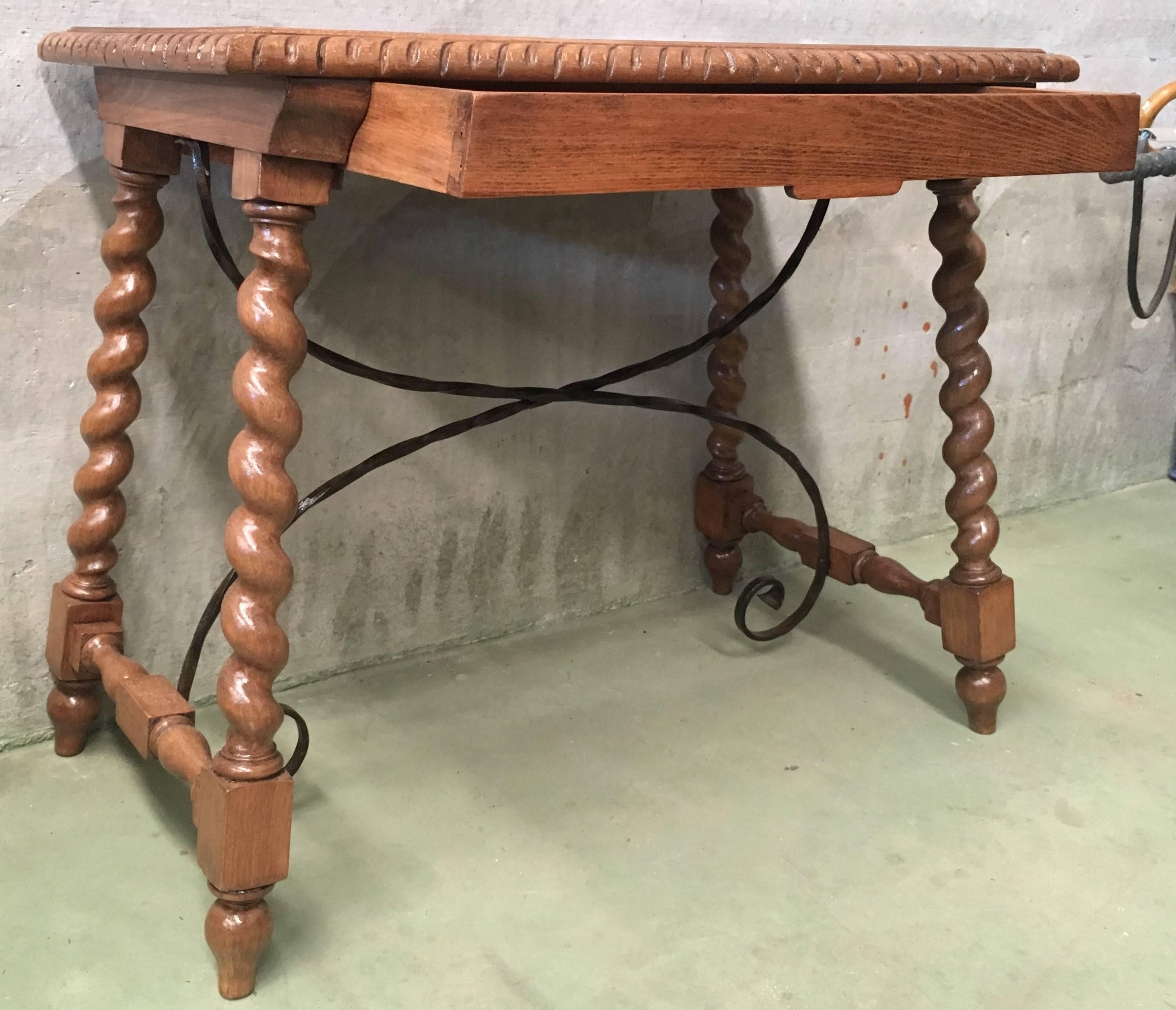 19th Century 19th Spanish Farm Table with Iron Stretchers, Hand-Carved Top and Drawer