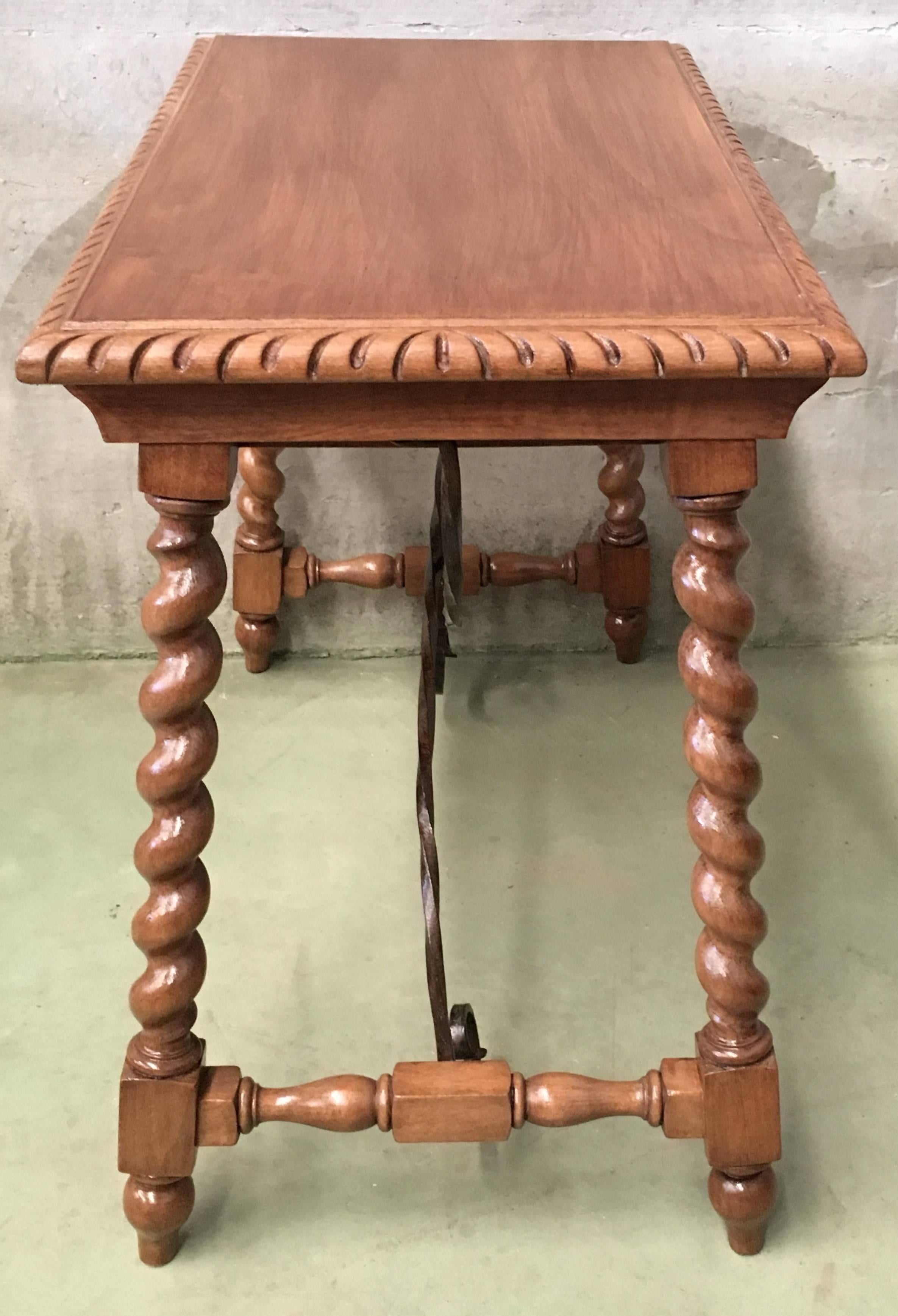 19th Spanish Farm Table with Iron Stretchers, Hand-Carved Top and Drawer 3