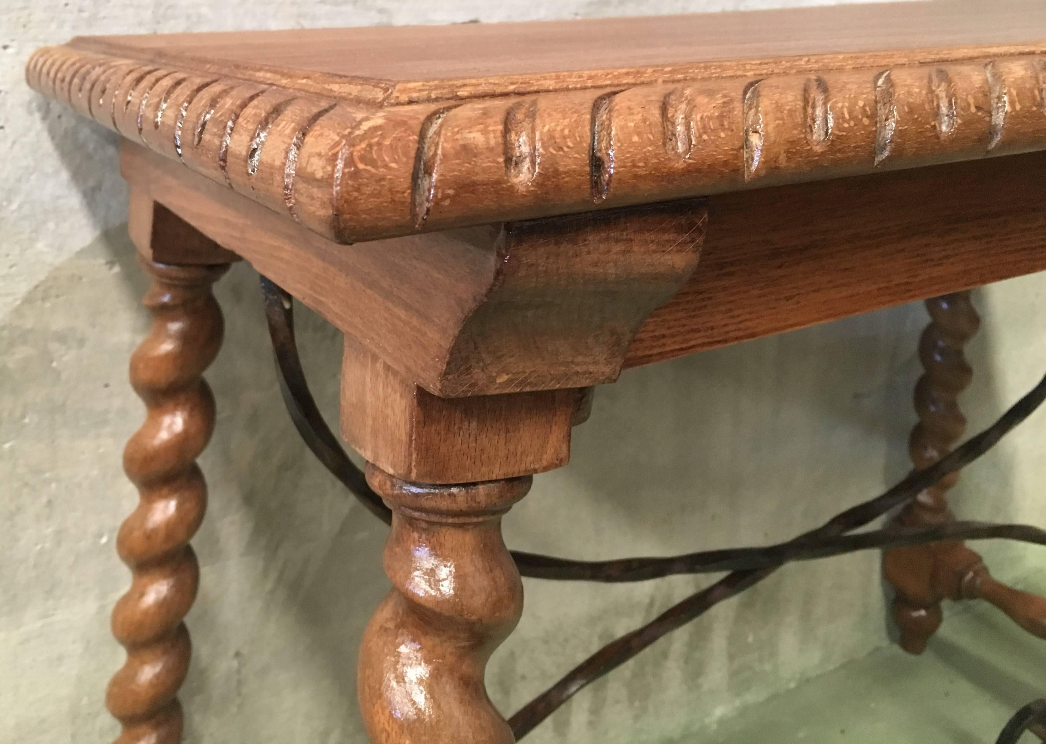 19th Spanish Farm Table with Iron Stretchers, Hand-Carved Top and Drawer 4