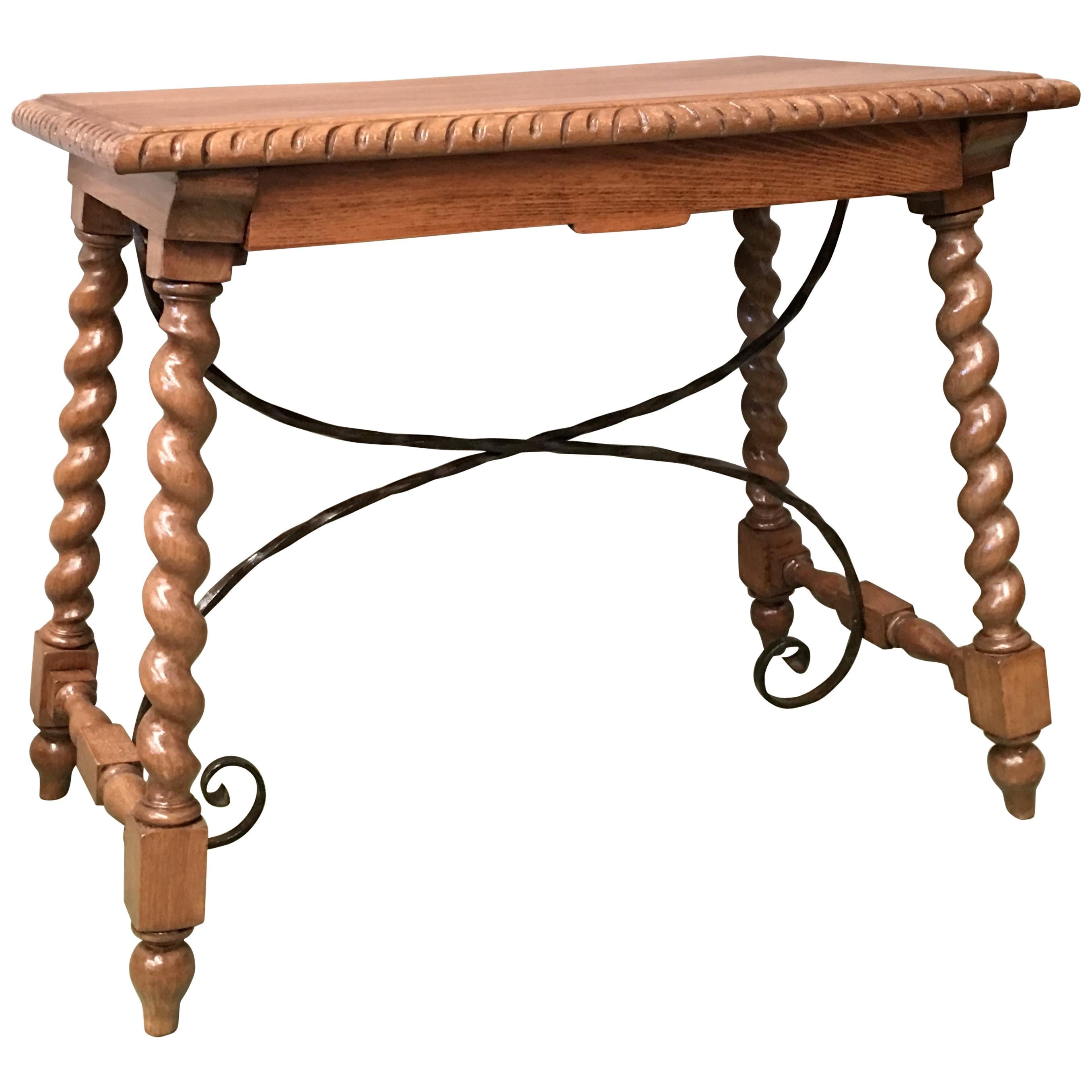 19th Spanish Farm Table with Iron Stretchers, Hand-Carved Top and Drawer