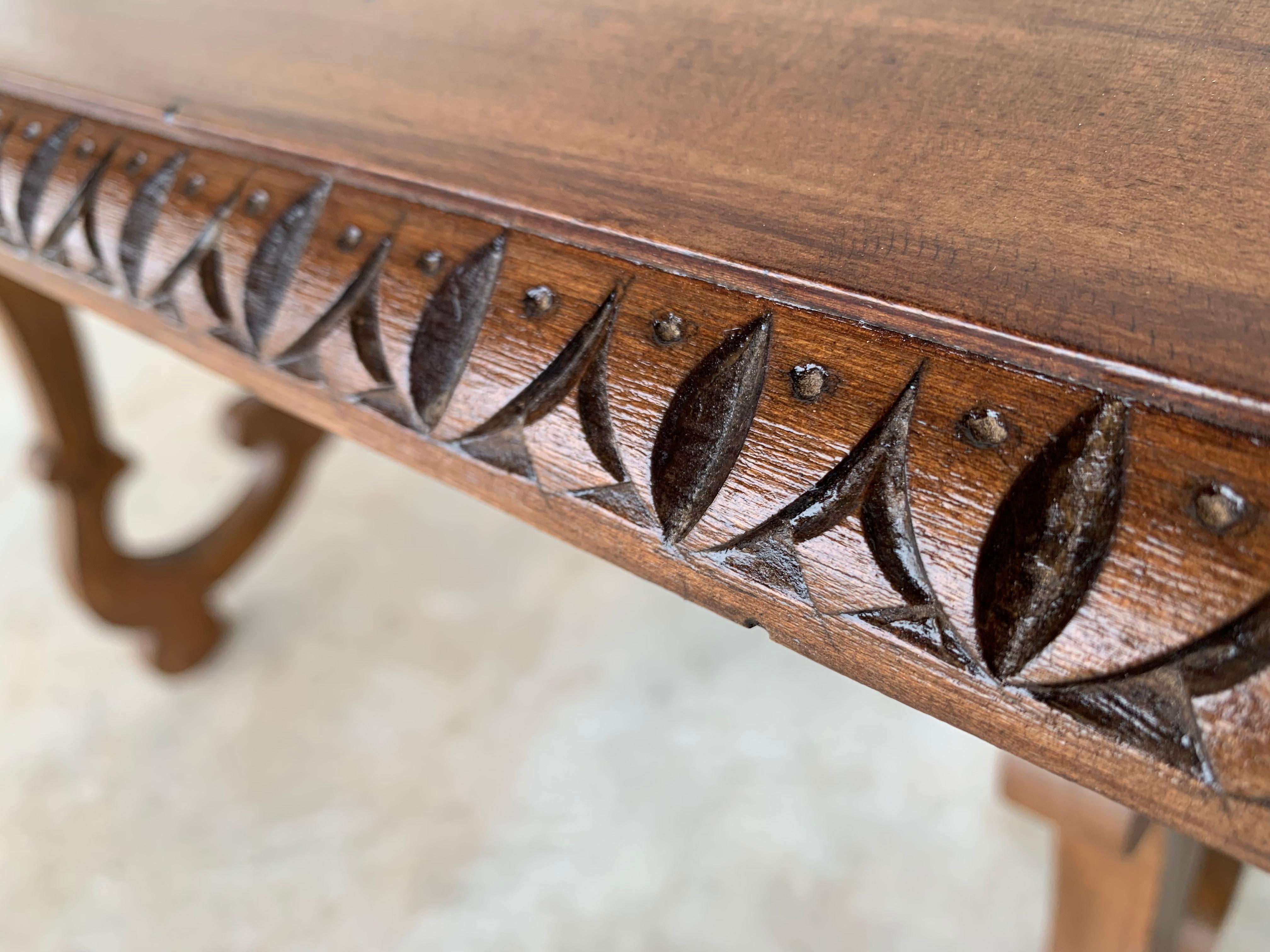 19th Spanish Farm Table with Iron Stretchers and Hand Carved Top and Ebonized 2