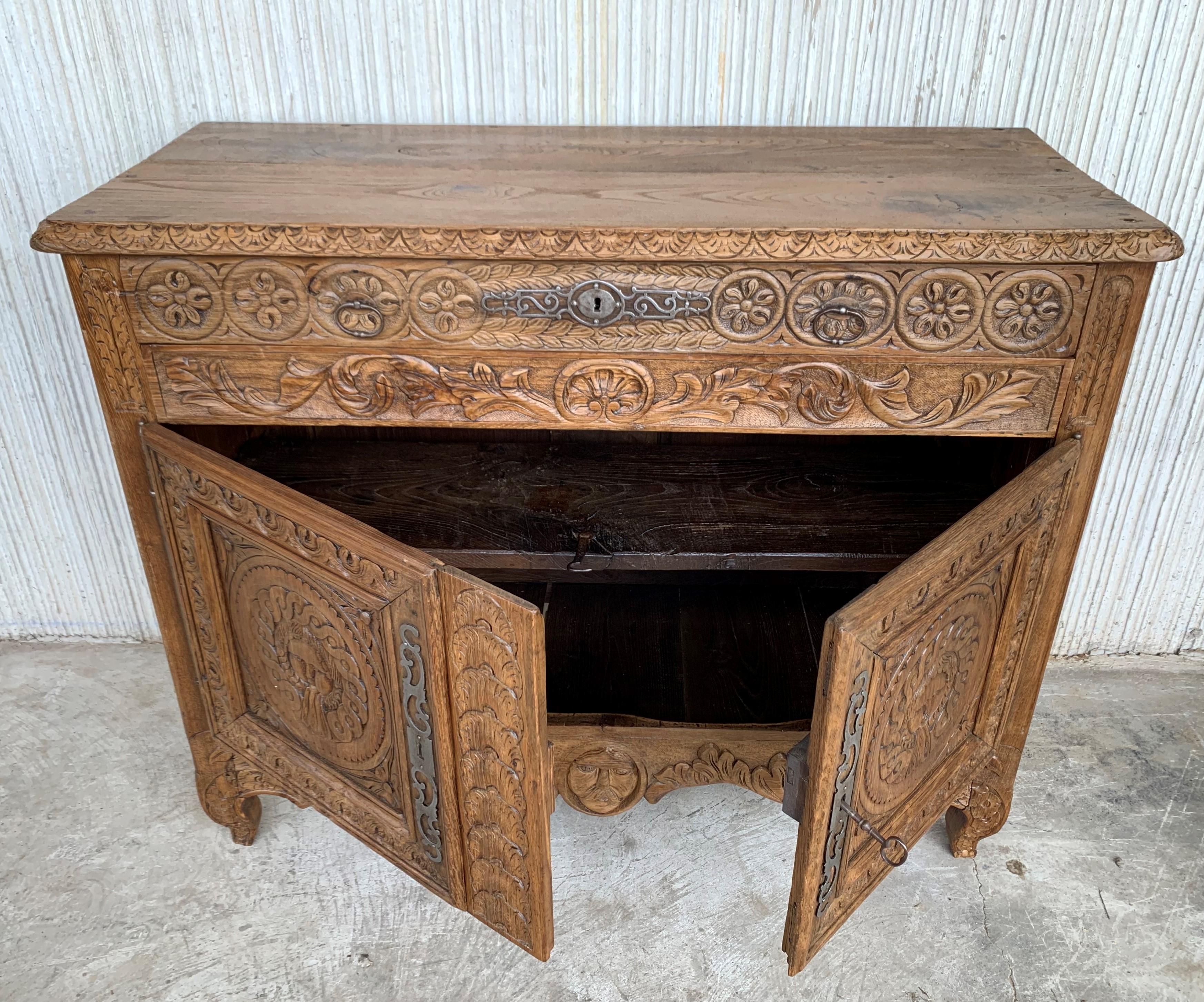 Catalan Spanish Hand Carved Baroque Oak Cabinet with Two Drawers and Two Doors 10