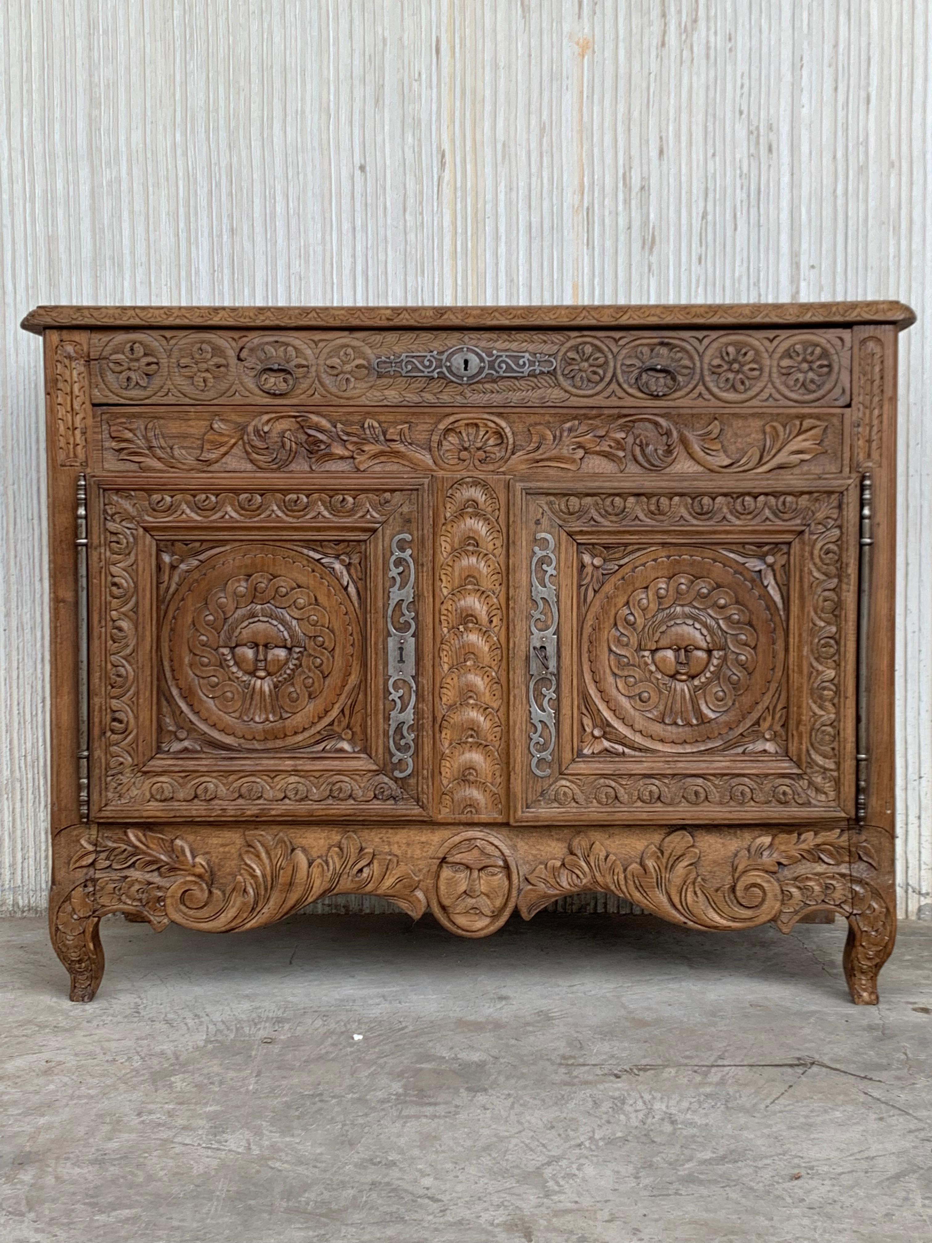 Catalan Spanish Hand Carved Baroque Oak Cabinet with Two Drawers and Two Doors In Good Condition In Miami, FL