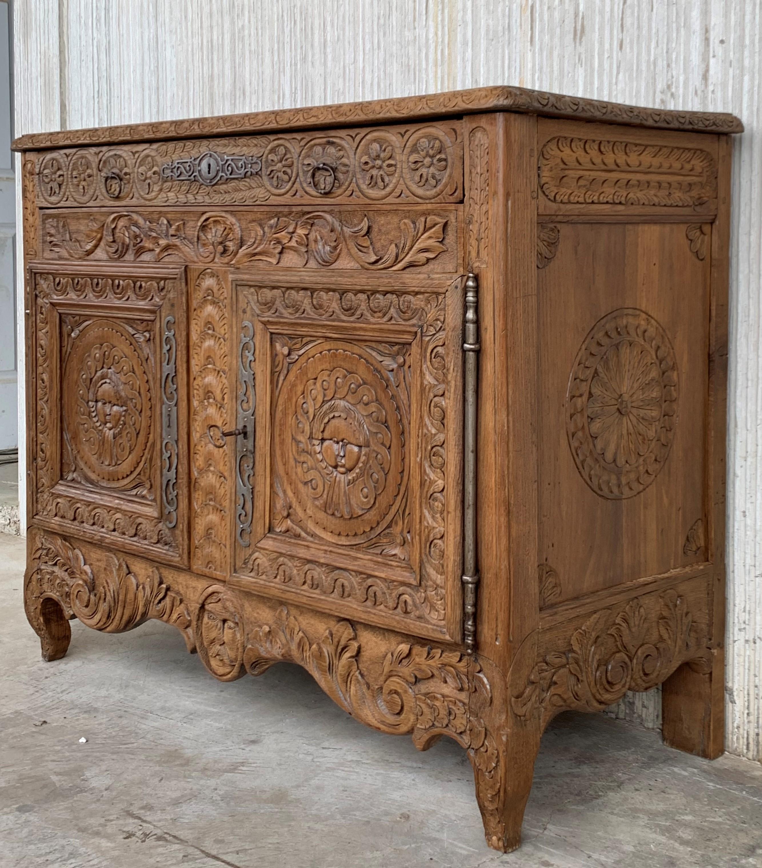 19th Century Catalan Spanish Hand Carved Baroque Oak Cabinet with Two Drawers and Two Doors