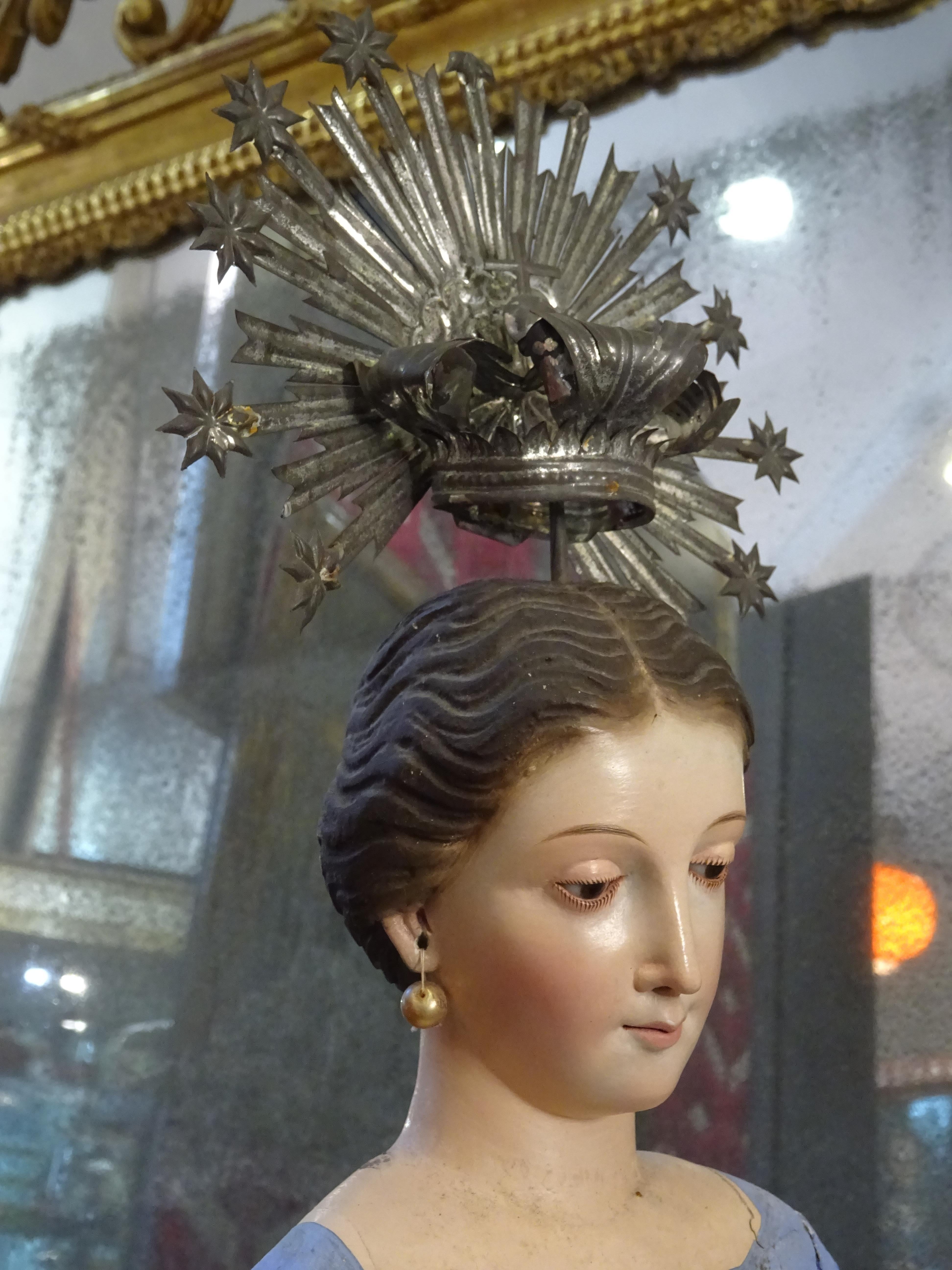 Silver Plate 19th Sculpture  , Virgin and Child, in Carved and Polychromed Wood
