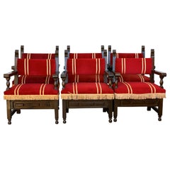 Spanish Armchairs in Carved Walnut and Red Velvet Upholstery '46units'
