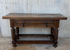 19th Spanish Low Console Table with Solomonic Legs & Two Carved Drawers