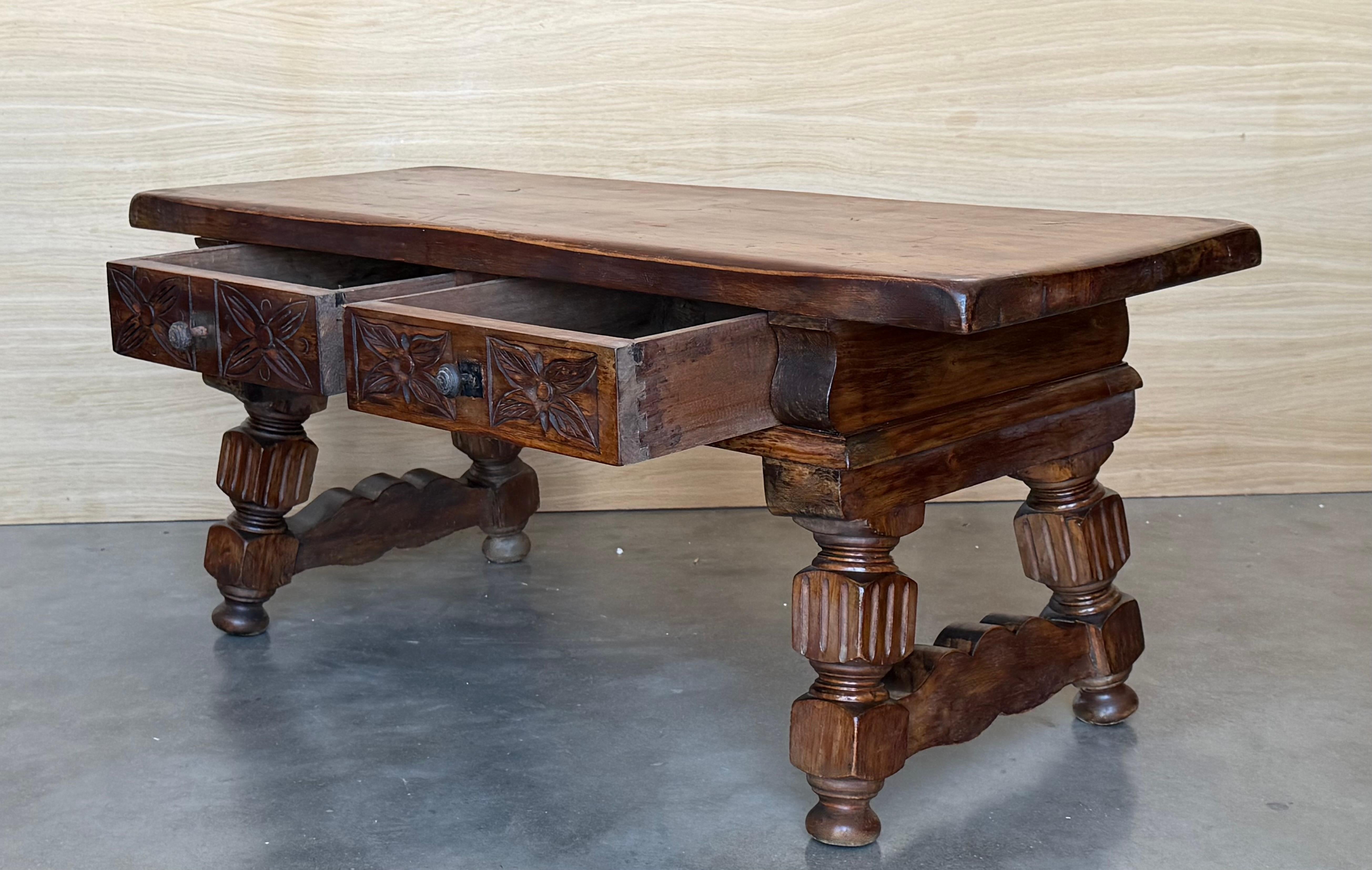 19th Century 19th Spanish Low Console Table with Solomonic Legs & Two Carved Drawers For Sale
