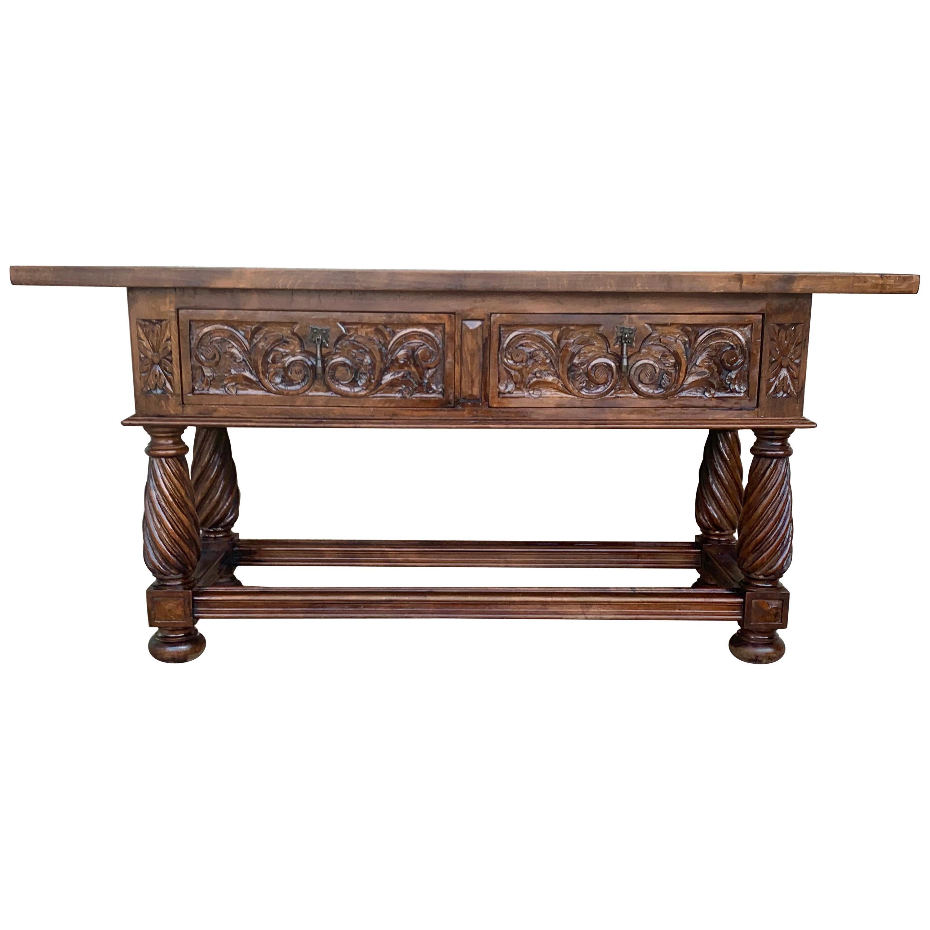 19th Spanish Low Console Table with Solomonic Legs & Two Carved Drawers