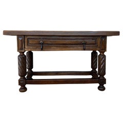 19th Spanish Low Console Table with Solomonic Legs & Two Carved Drawers