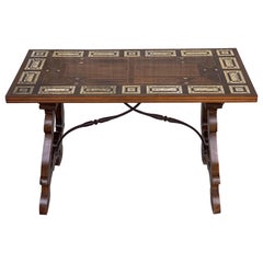 19th Century Spanish Marquetry and Inlays Side Table with Iron Stretcher
