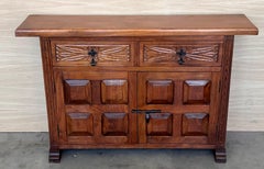 19th Spanish Narrow Baroque Carved Walnut Tuscan Two Drawer Credenza or Buffet
