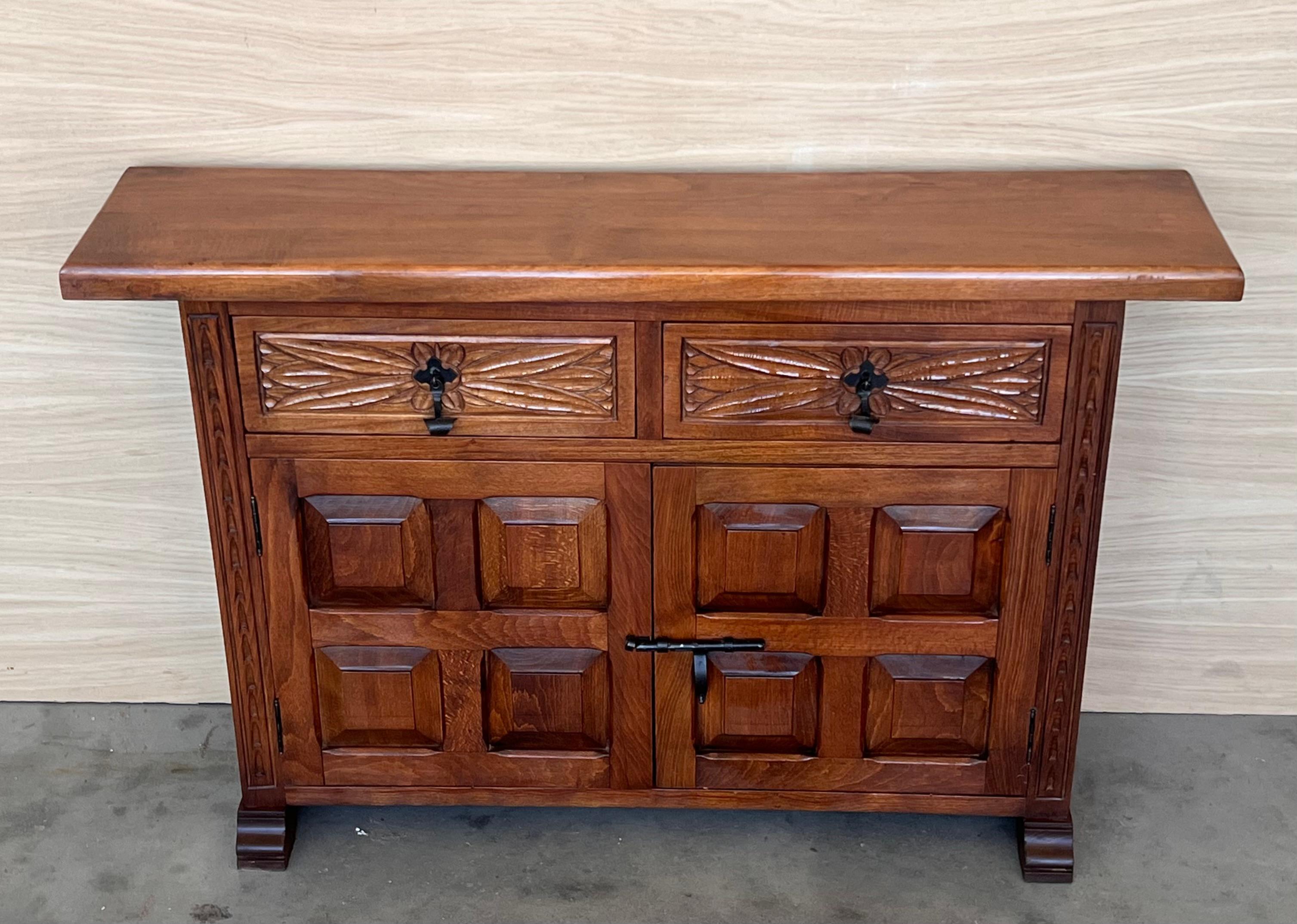 19th Spanish Narrow Baroque Carved Walnut Tuscan Two Drawer Credenza or Buffet In Good Condition For Sale In Miami, FL