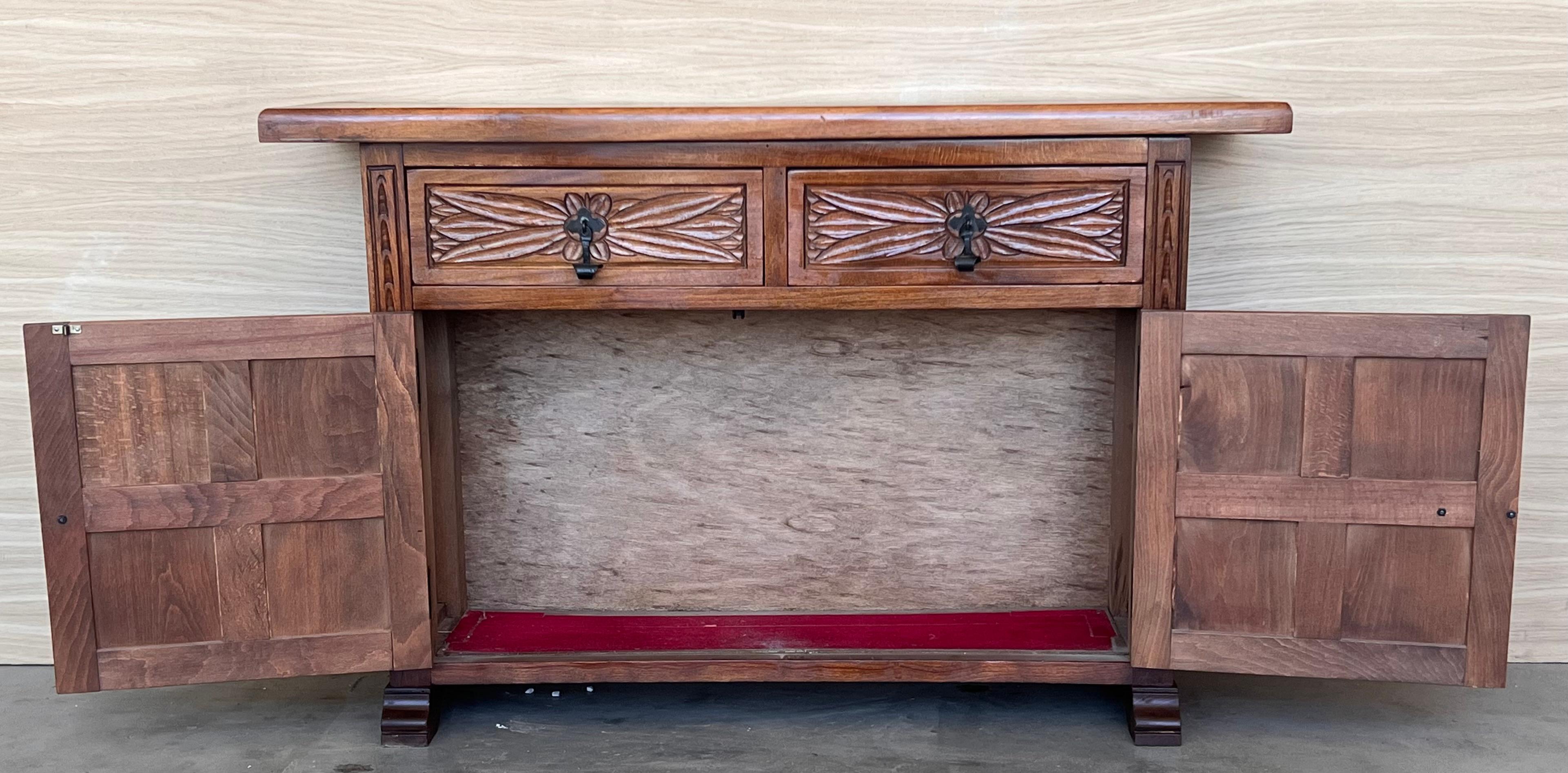 19th Spanish Narrow Baroque Carved Walnut Tuscan Two Drawer Credenza or Buffet For Sale 2