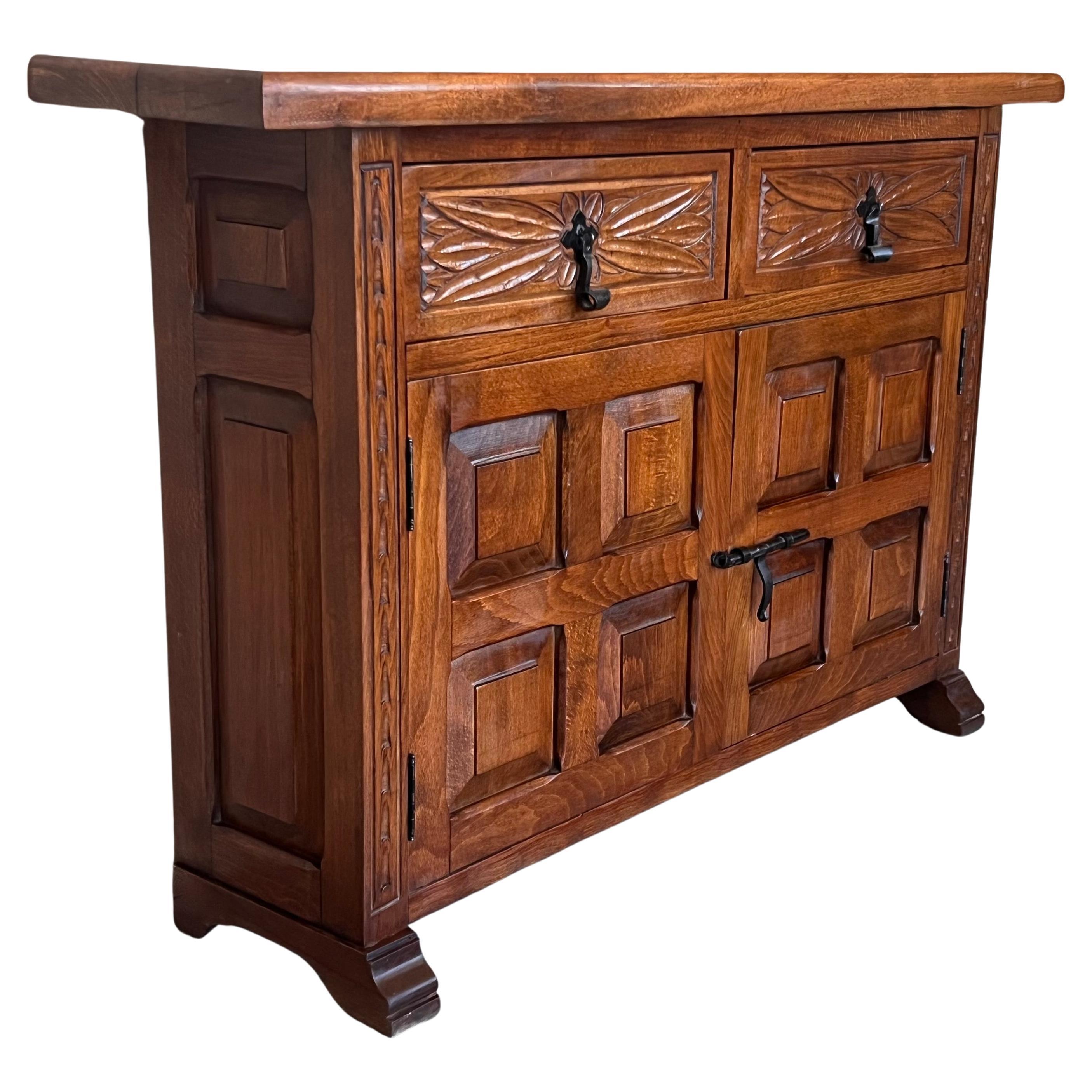19th Spanish Narrow Baroque Carved Walnut Tuscan Two Drawer Credenza or Buffet For Sale