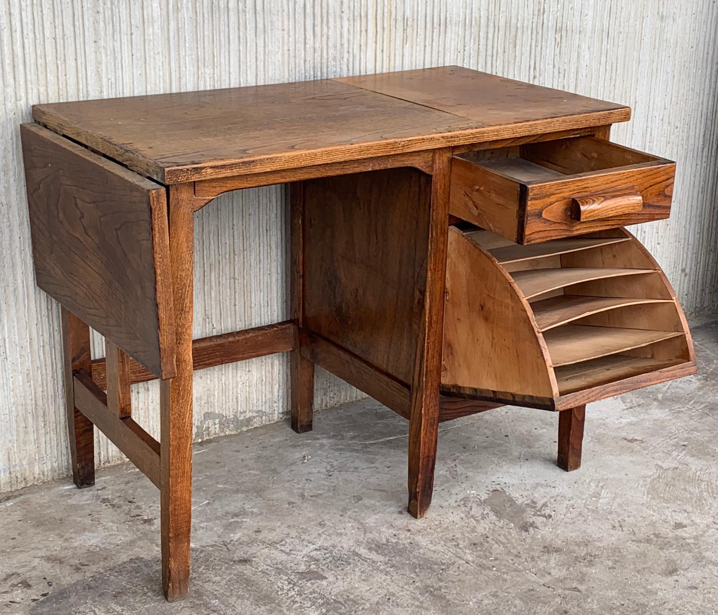 20th Century 19th Spanish Old Pine Desk with Folding Leaf and File Space