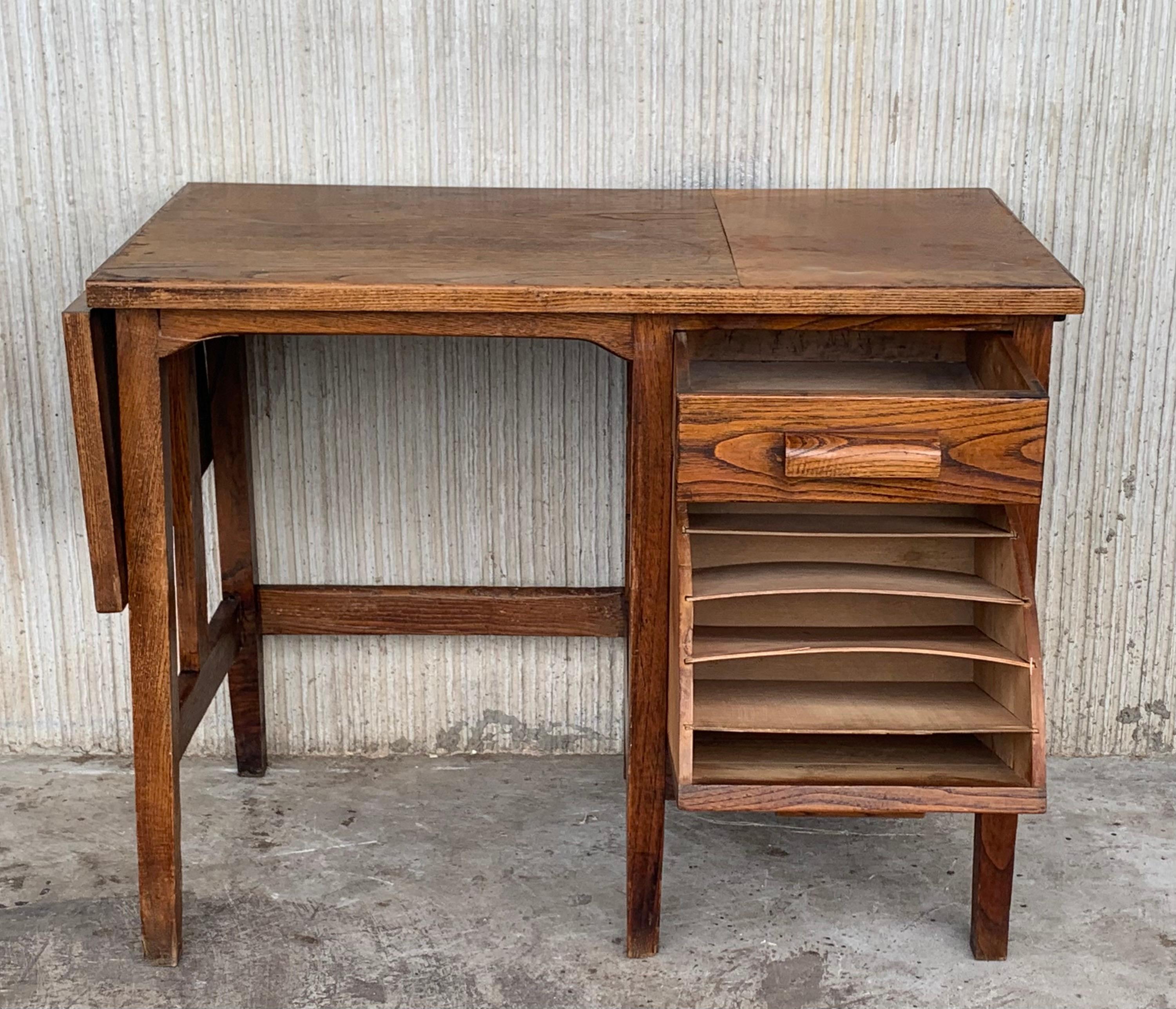 19th Spanish Old Pine Desk with Folding Leaf and File Space 2