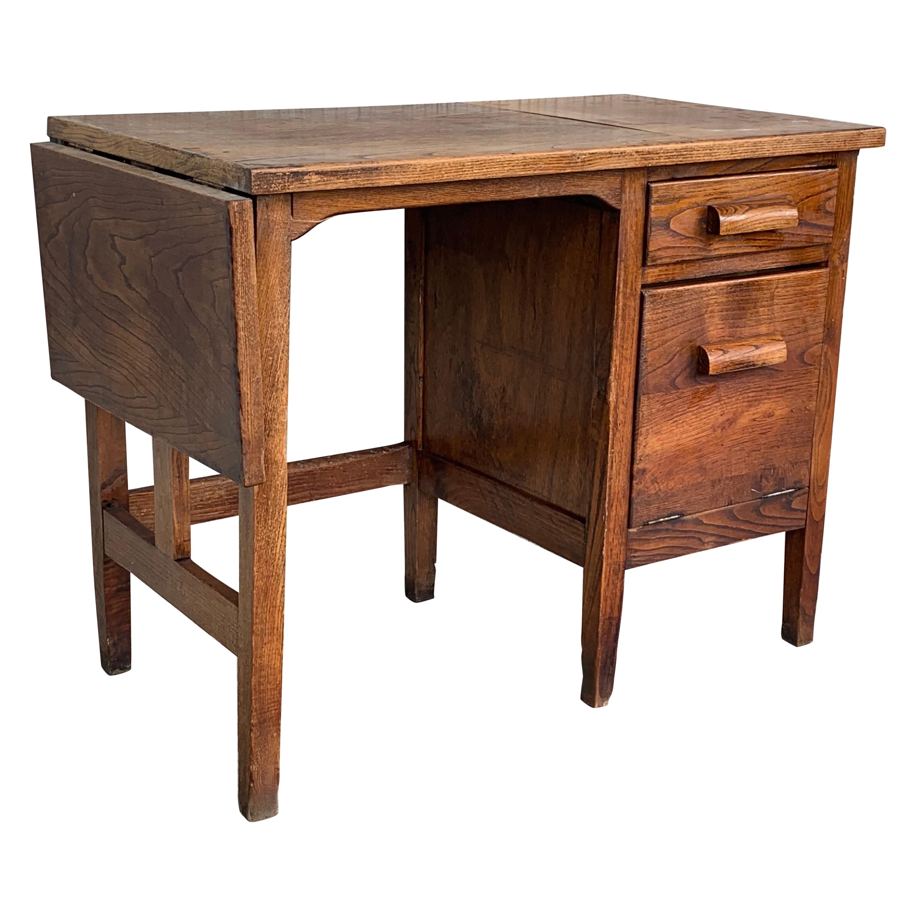 19th Spanish Old Pine Desk with Folding Leaf and File Space