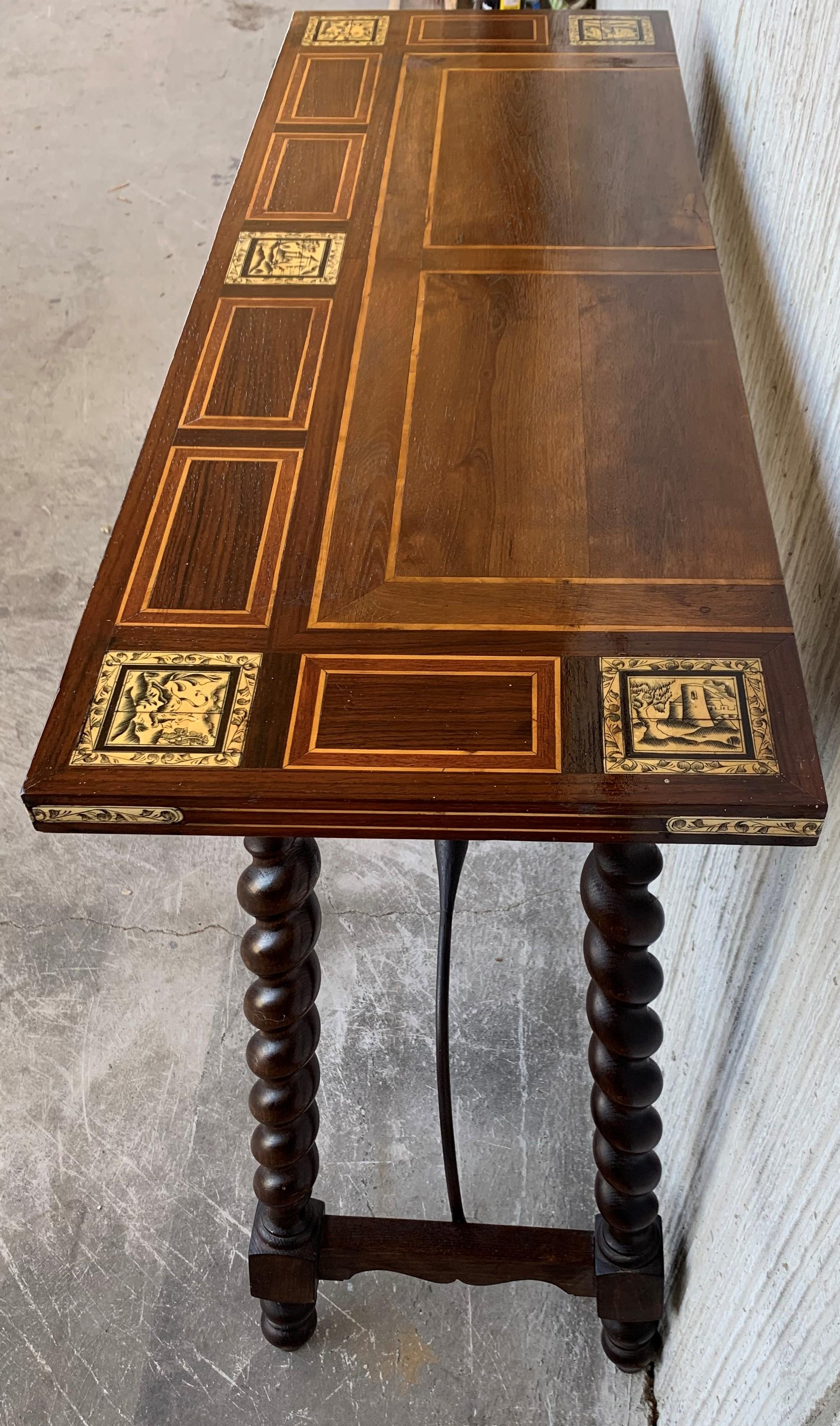 19th Century Salomonic Baroque Side Table with Marquetry Top and Iron Stretchers 1