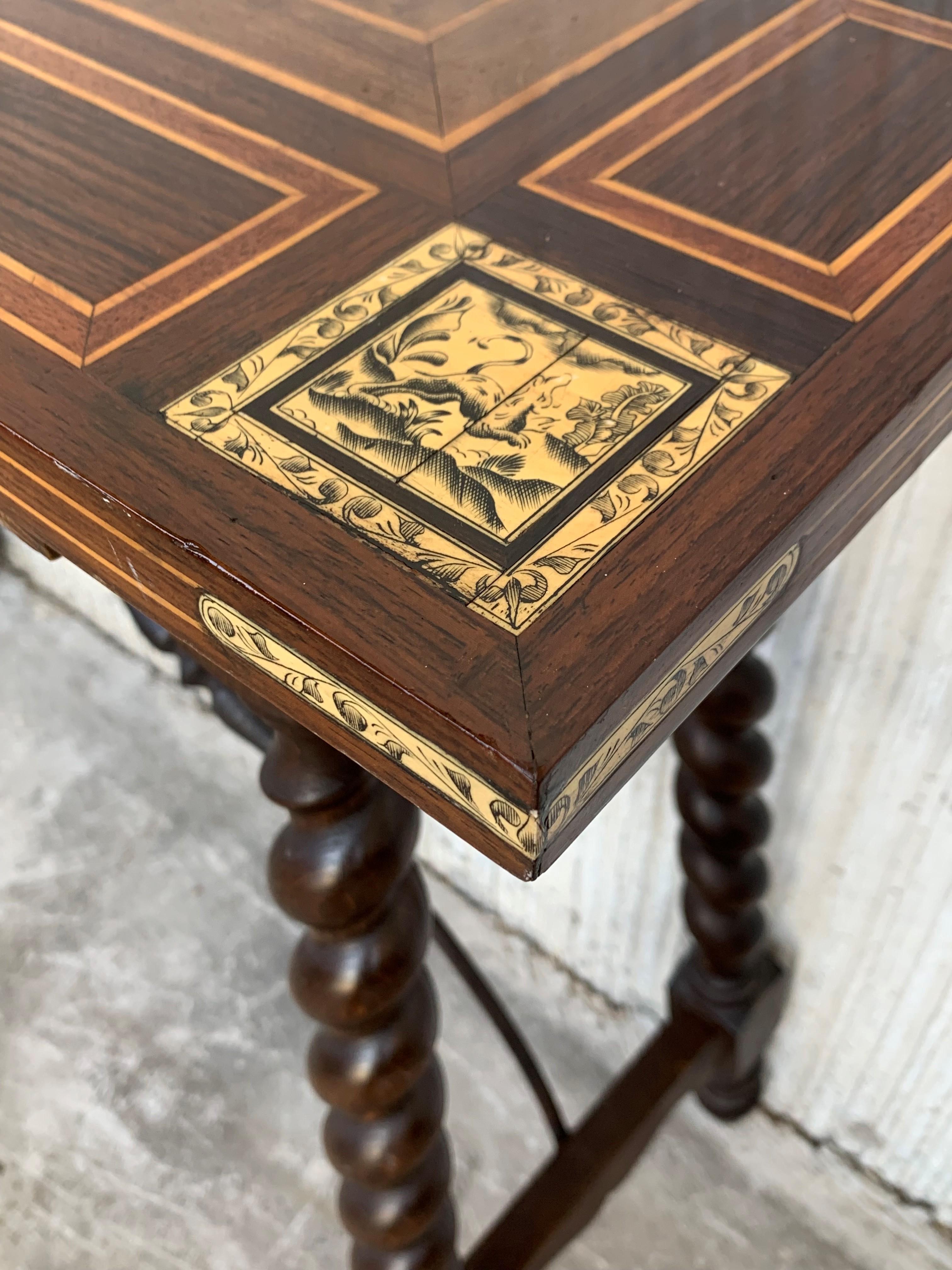 19th Century Salomonic Baroque Side Table with Marquetry Top and Iron Stretchers 4