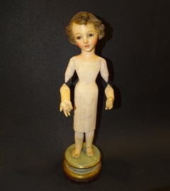 19th Spanish Sculpture, Baby Jesus, Cap i Pota, Wood and Glass