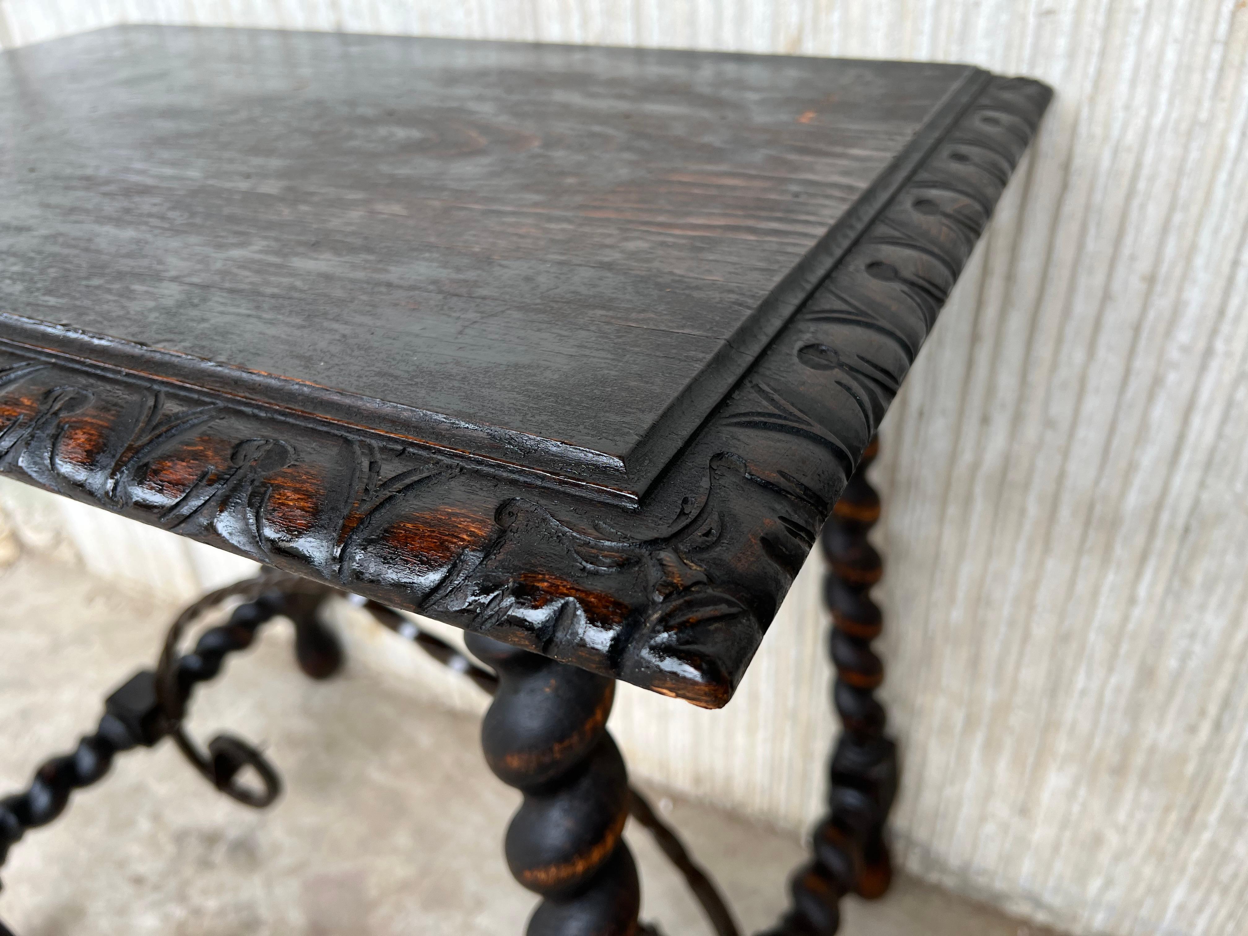 19th Spanish Side or Coffee Table with Iron Stretcher and Solomonic Legs For Sale 6