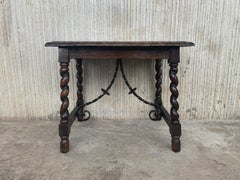 19th Spanish Side or Coffee Table with Iron Stretcher and Solomonic Legs