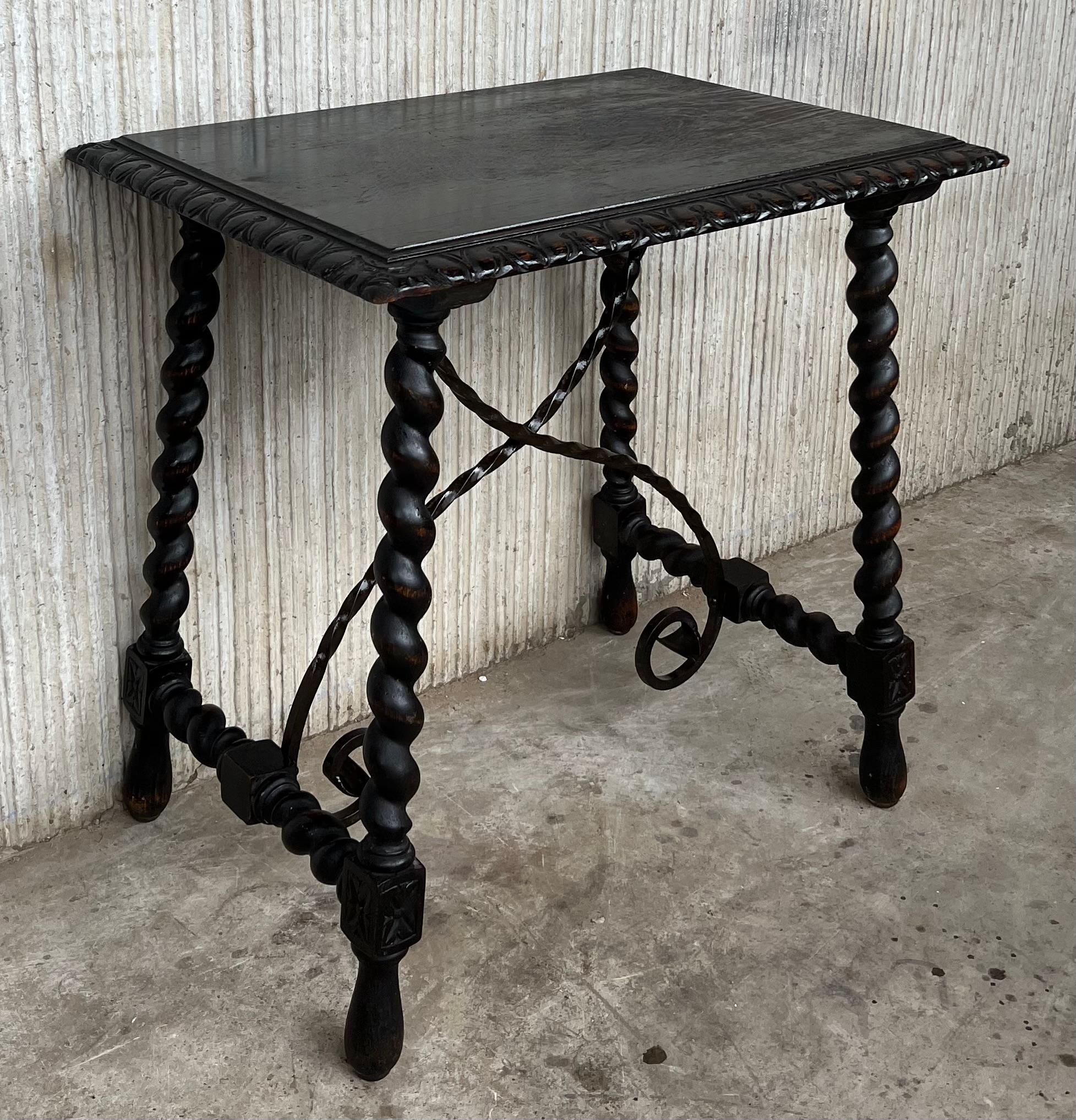 Baroque 19th Spanish Side or Coffee Table with Iron Stretcher and Solomonic Legs For Sale