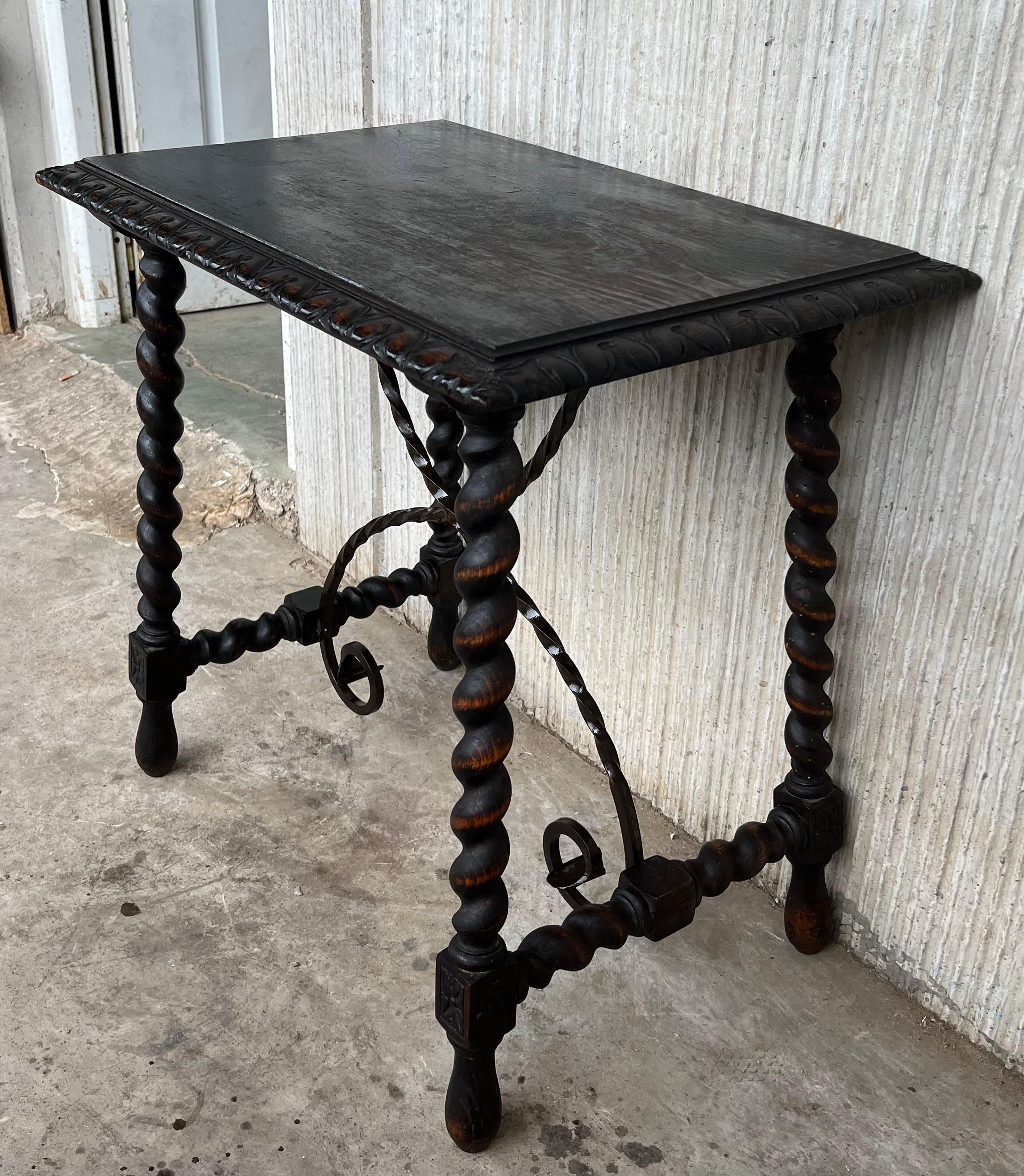 19th Century 19th Spanish Side or Coffee Table with Iron Stretcher and Solomonic Legs For Sale