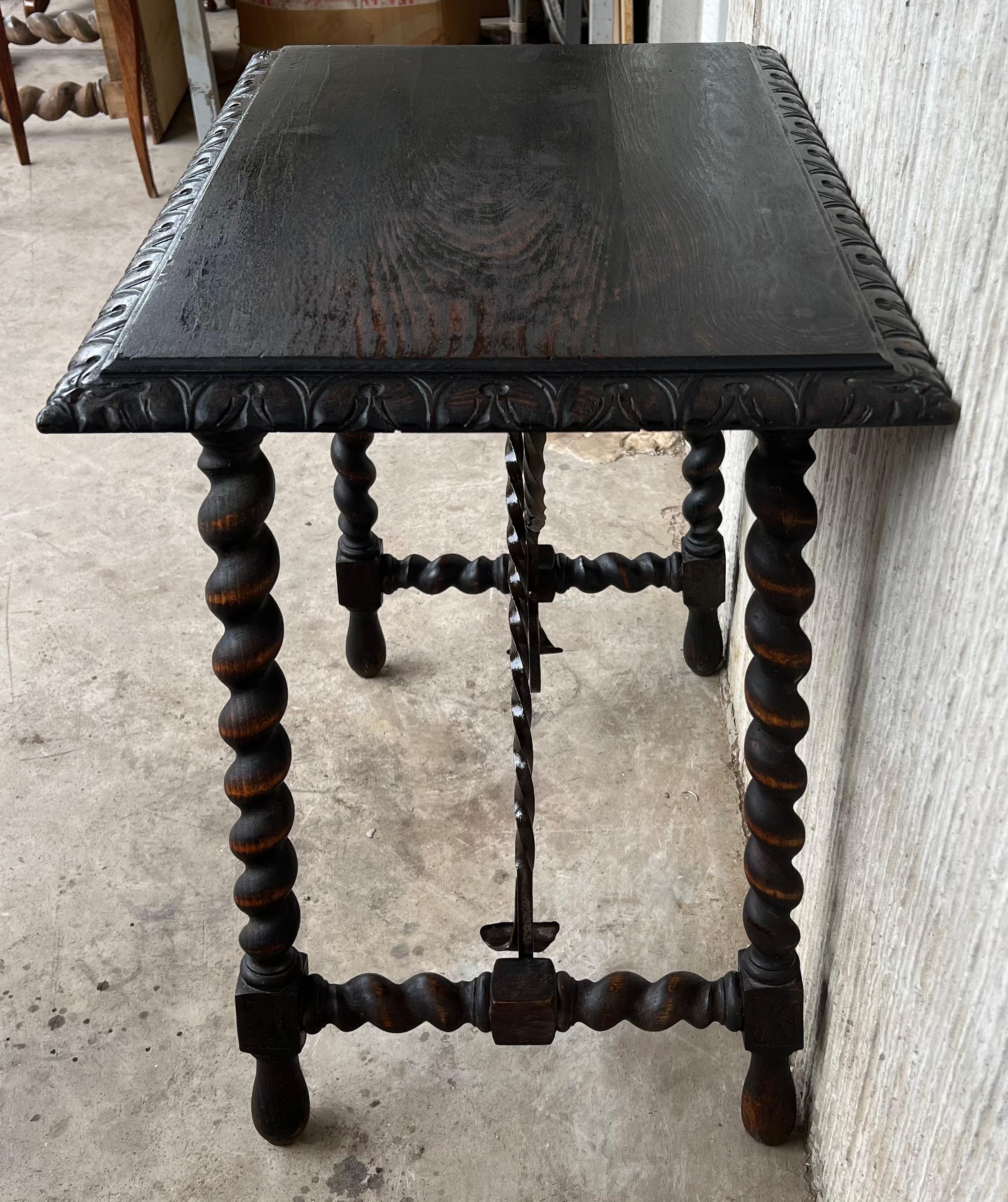 19th Spanish Side or Coffee Table with Iron Stretcher and Solomonic Legs For Sale 2