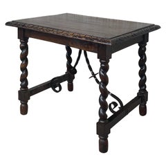 Antique 19th Spanish Side or Coffee Table with Iron Stretcher and Solomonic Legs