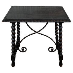 19th Spanish Side or Coffee Table with Iron Stretcher and Solomonic Legs