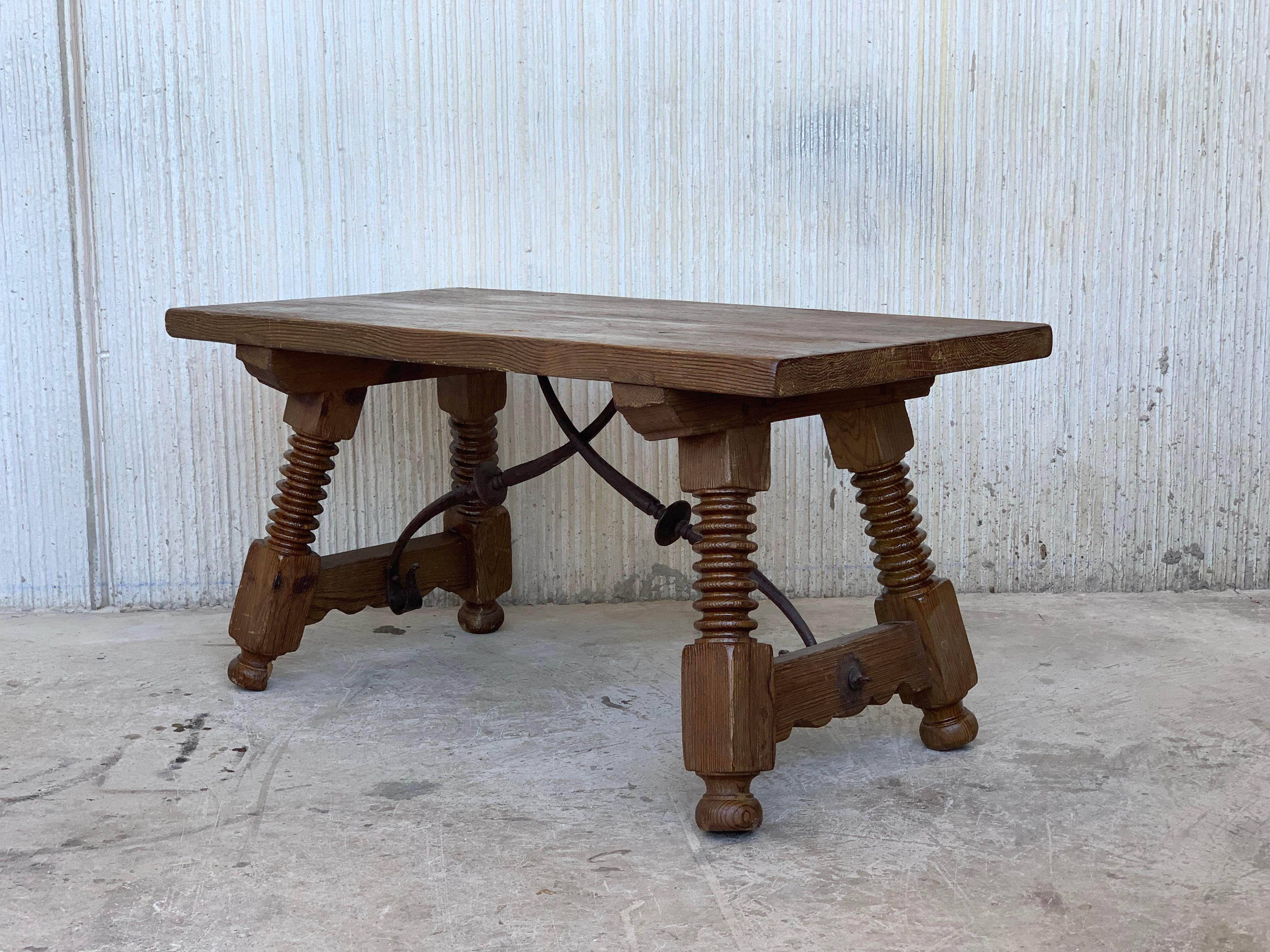 19th Spanish Side Table or Coffee Table with Iron Stretcher 1