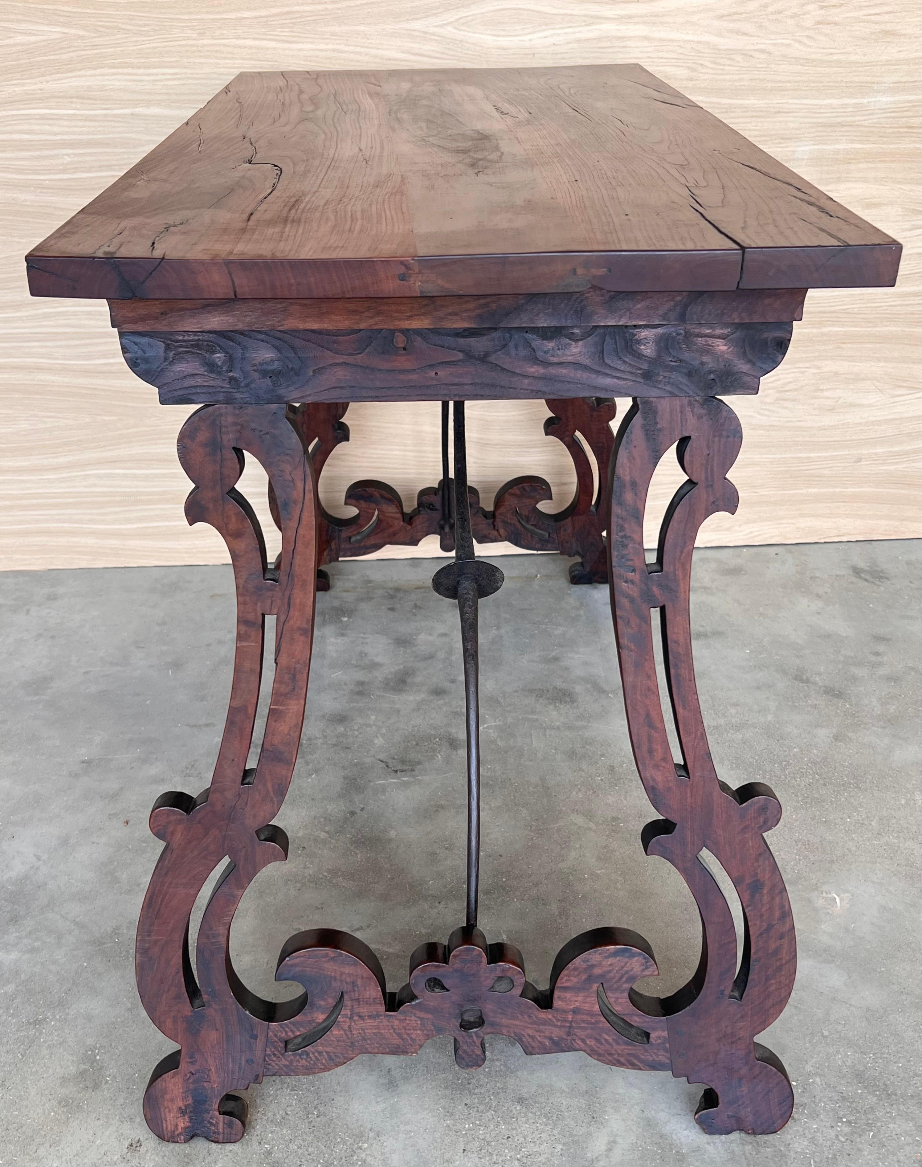 19th Spanish Side Table with Cared Turned Legs and Iron Stretcher 5