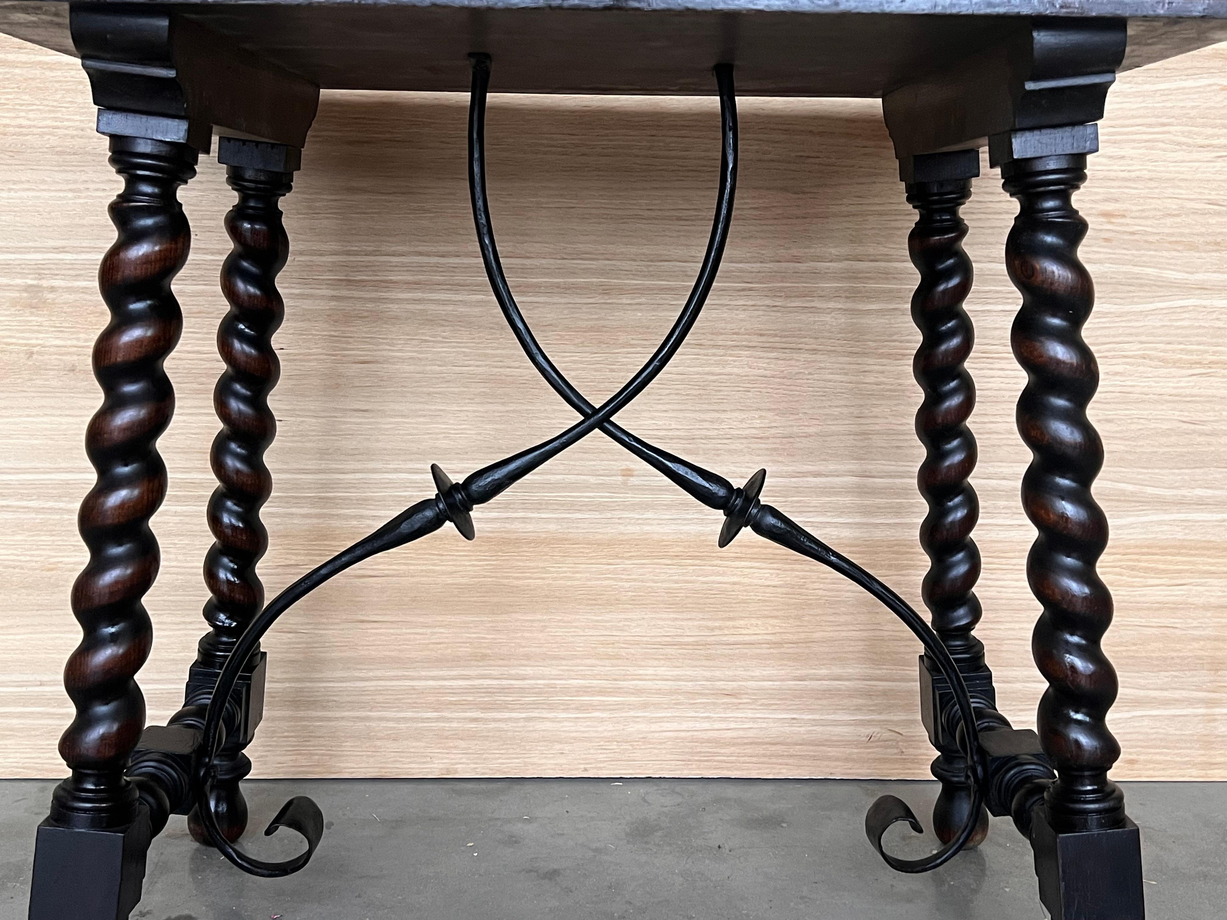 19th Spanish Side Table with Cared Turned Legs and Iron Stretcher For Sale 6