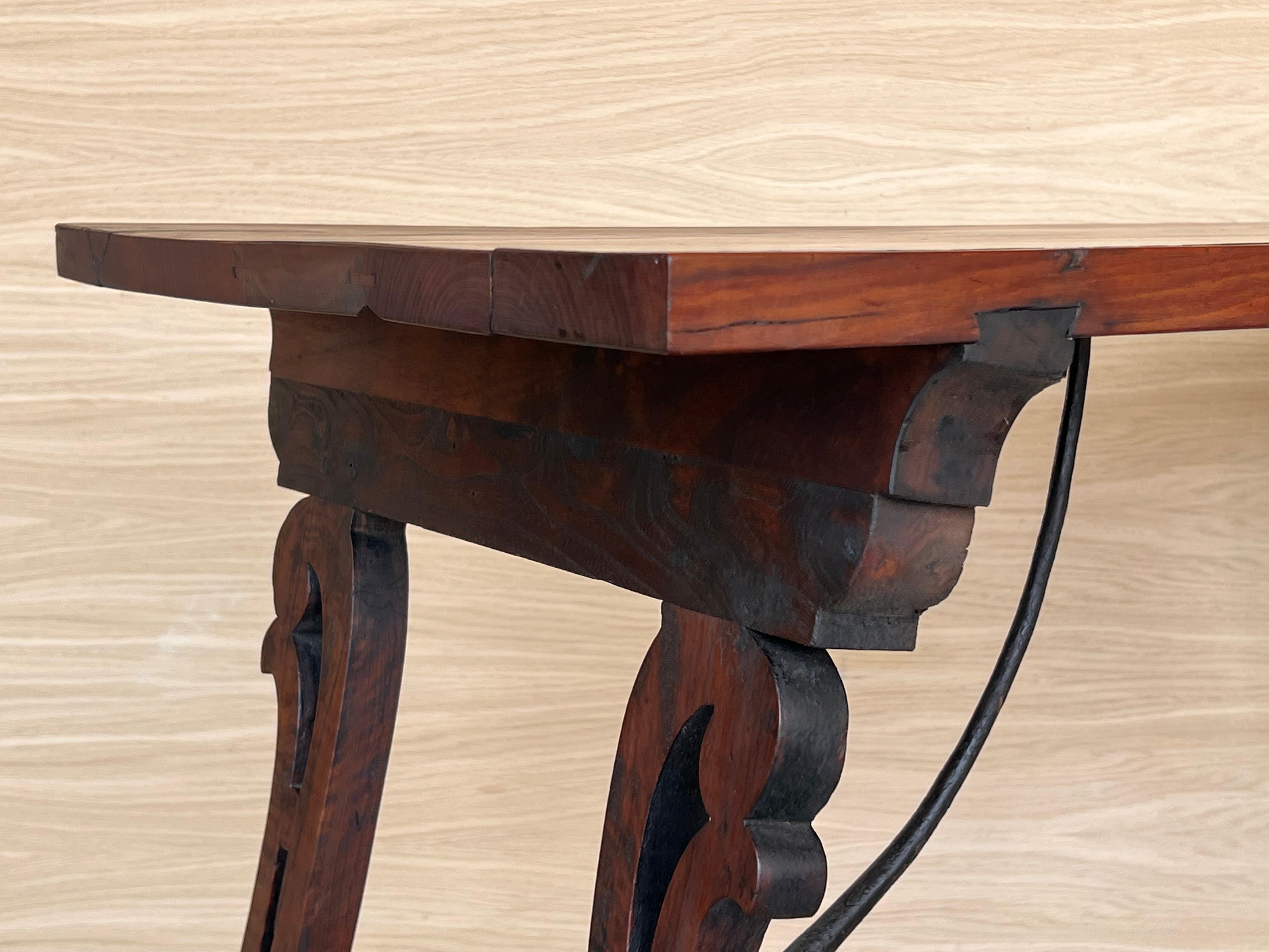 19th Spanish Side Table with Cared Turned Legs and Iron Stretcher 9