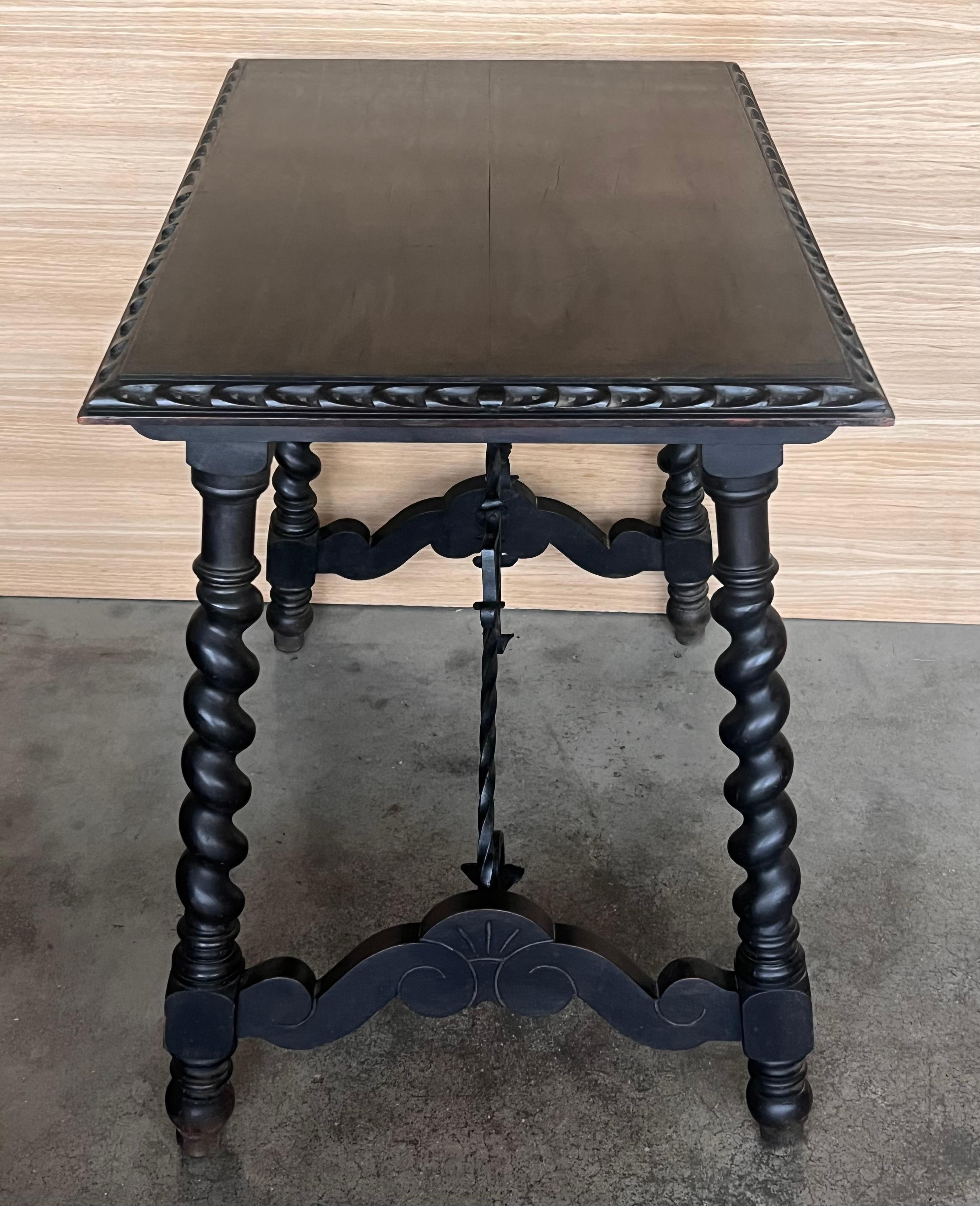 19th Spanish Side Table with Cared Turned Legs and Iron Stretcher For Sale 9