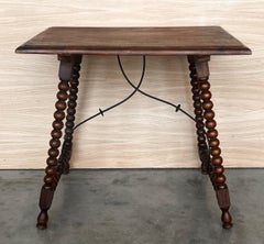 19th Spanish Side Table with Cared Turned Legs and Iron Stretcher