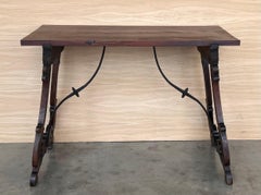 19th Spanish Side Table with Cared Turned Legs and Iron Stretcher