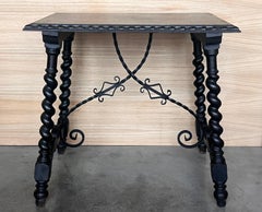 19th Spanish Side Table with Cared Turned Legs and Iron Stretcher