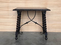 19th Spanish Side Table with Cared Turned Legs and Iron Stretcher