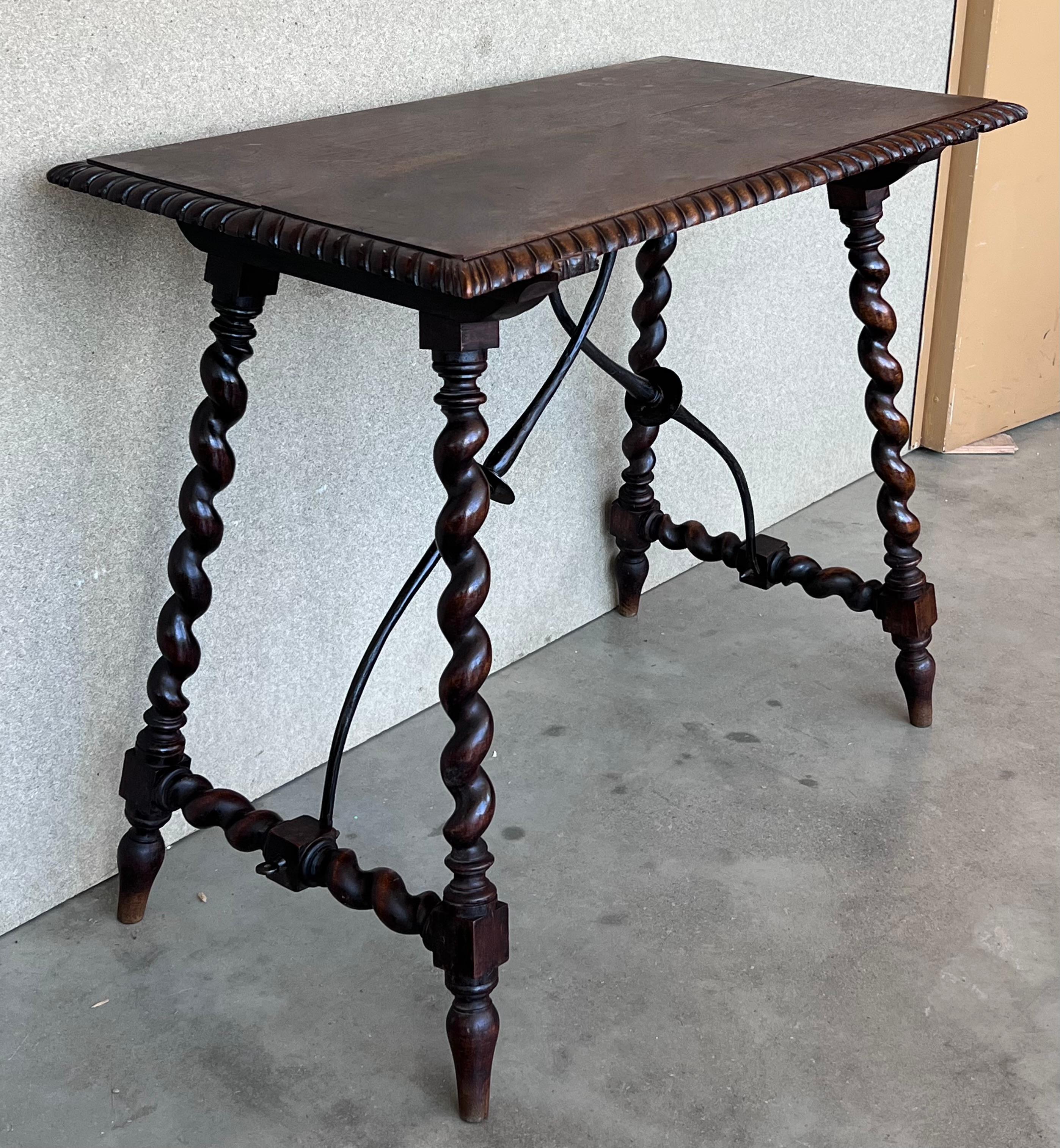 Baroque 19th Spanish Side Table with Cared Turned Legs and Iron Stretcher