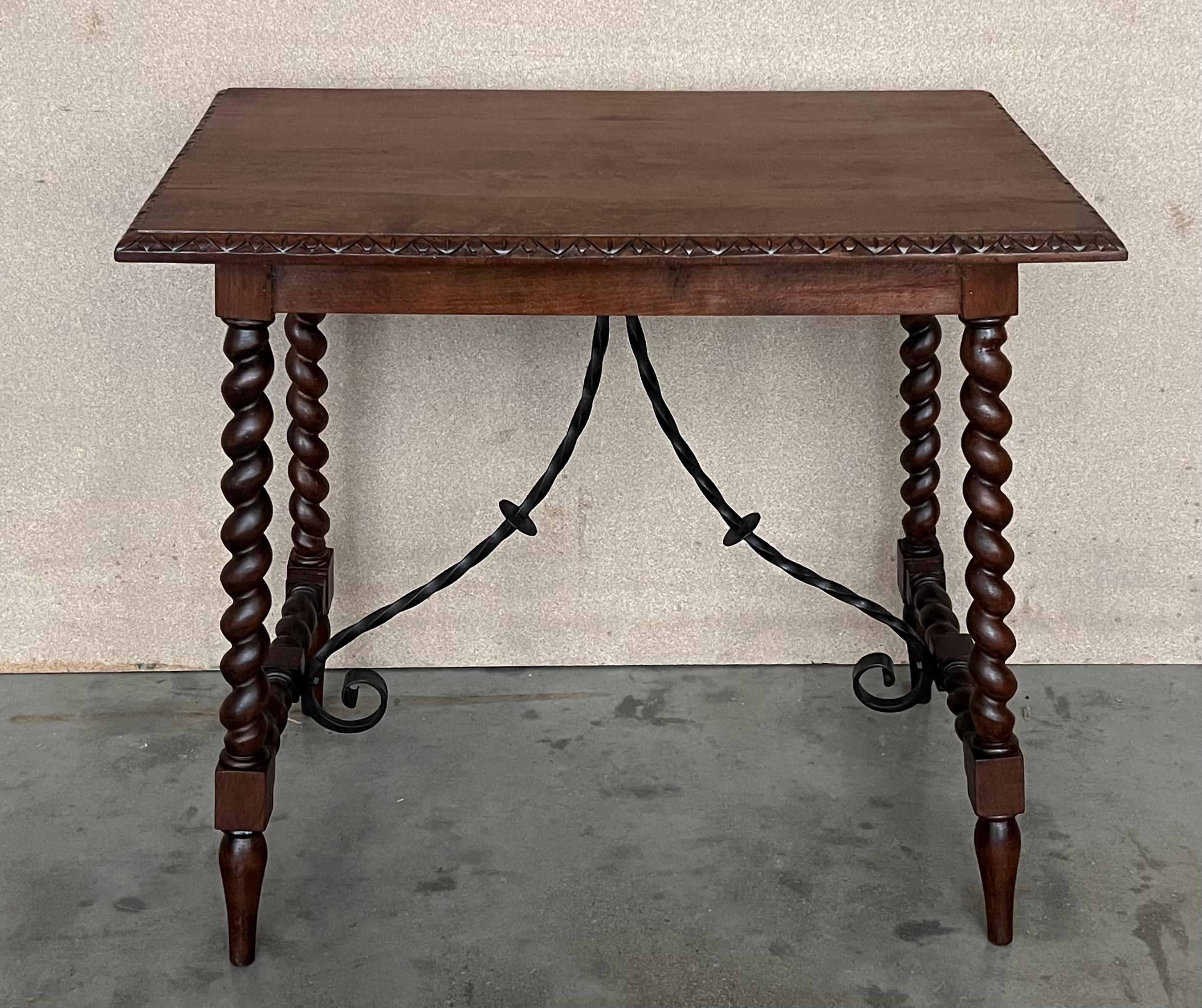 Baroque 19th Spanish Side Table with Cared Turned Legs and Iron Stretcher For Sale