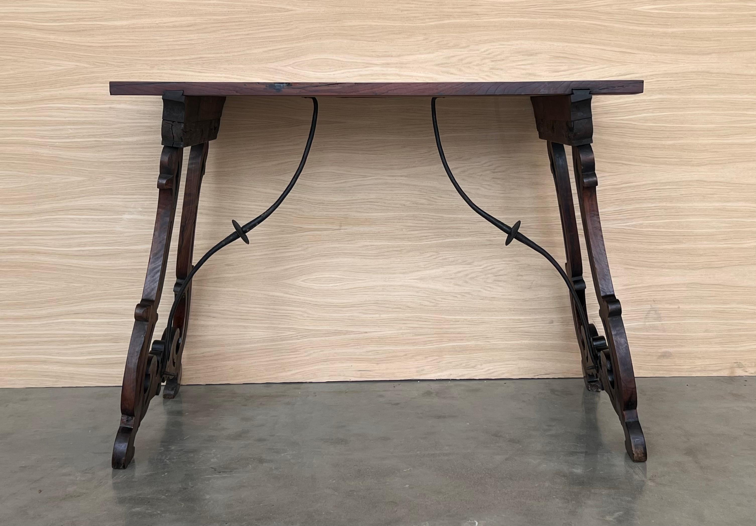 Baroque 19th Spanish Side Table with Cared Turned Legs and Iron Stretcher