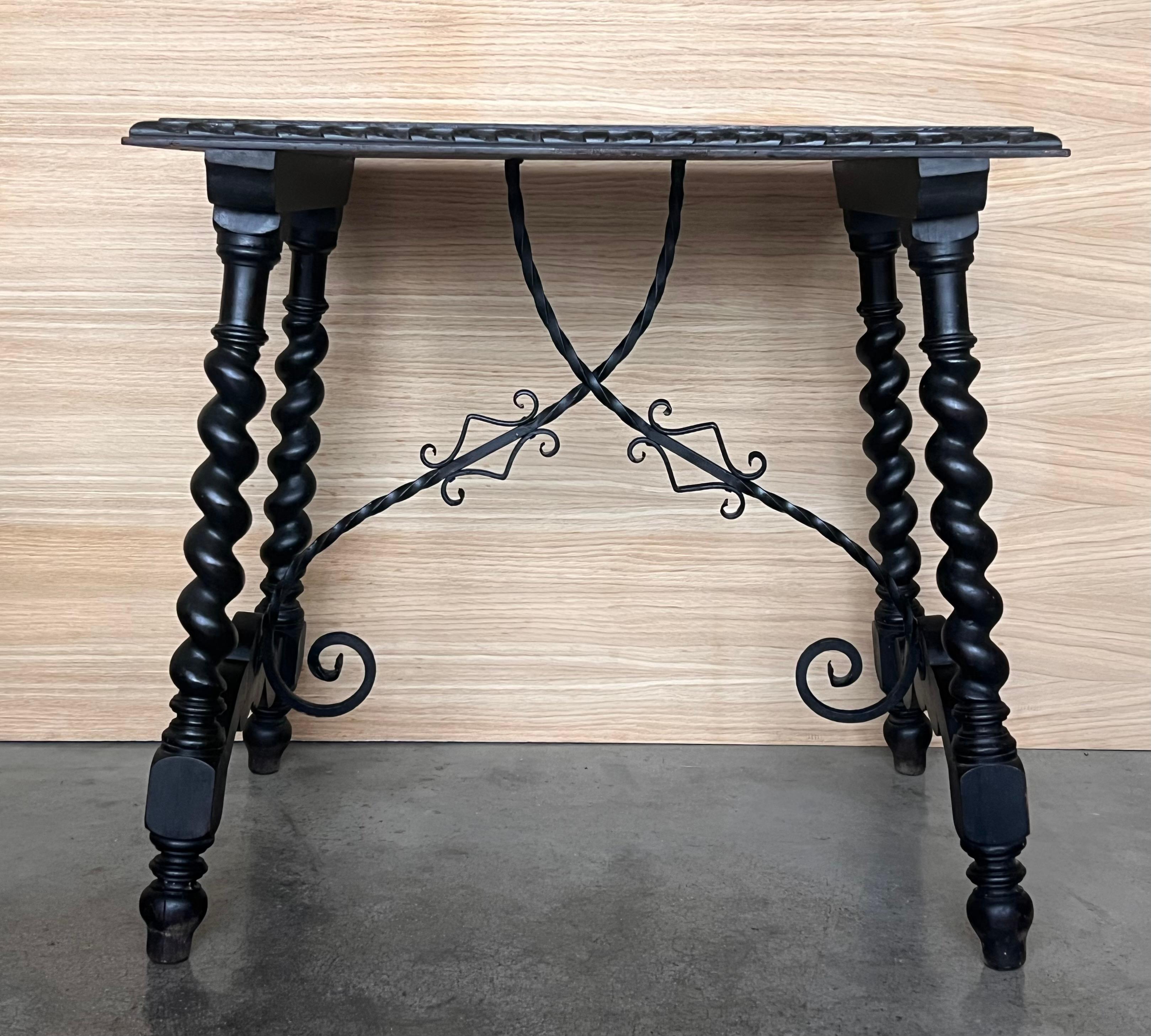 Baroque 19th Spanish Side Table with Cared Turned Legs and Iron Stretcher For Sale