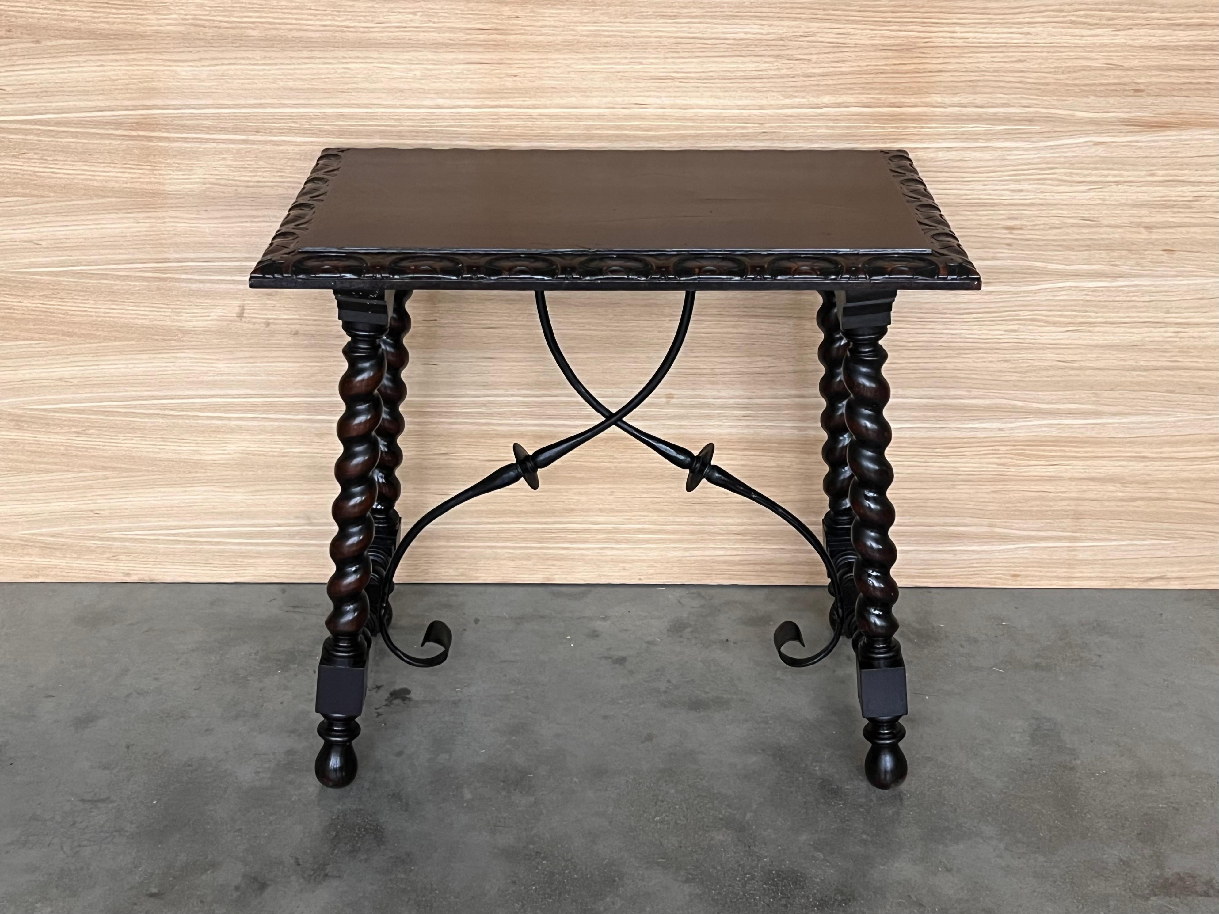 Baroque 19th Spanish Side Table with Cared Turned Legs and Iron Stretcher For Sale