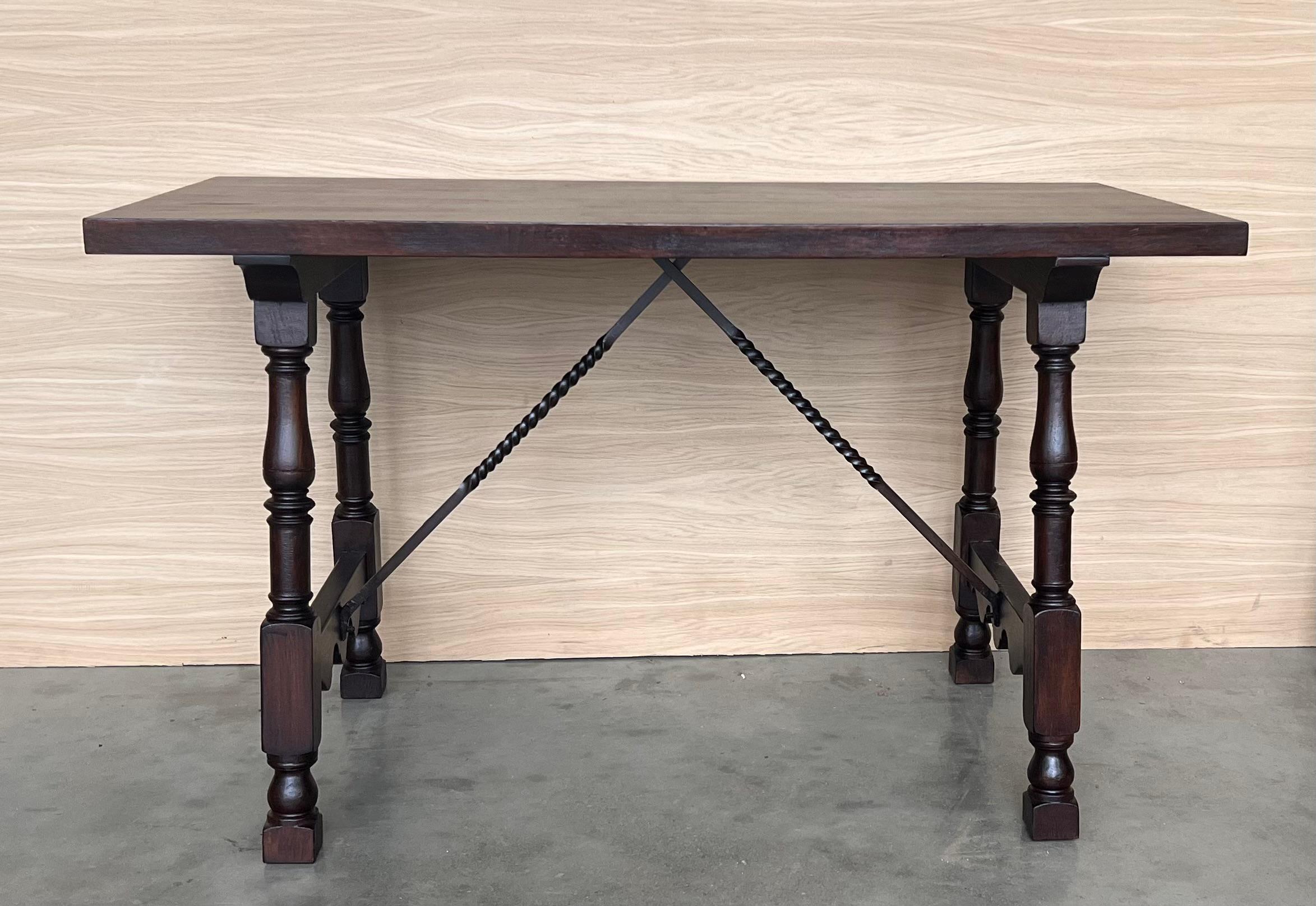 Baroque 19th Spanish Side Table with Cared Turned Legs and Iron Stretcher For Sale