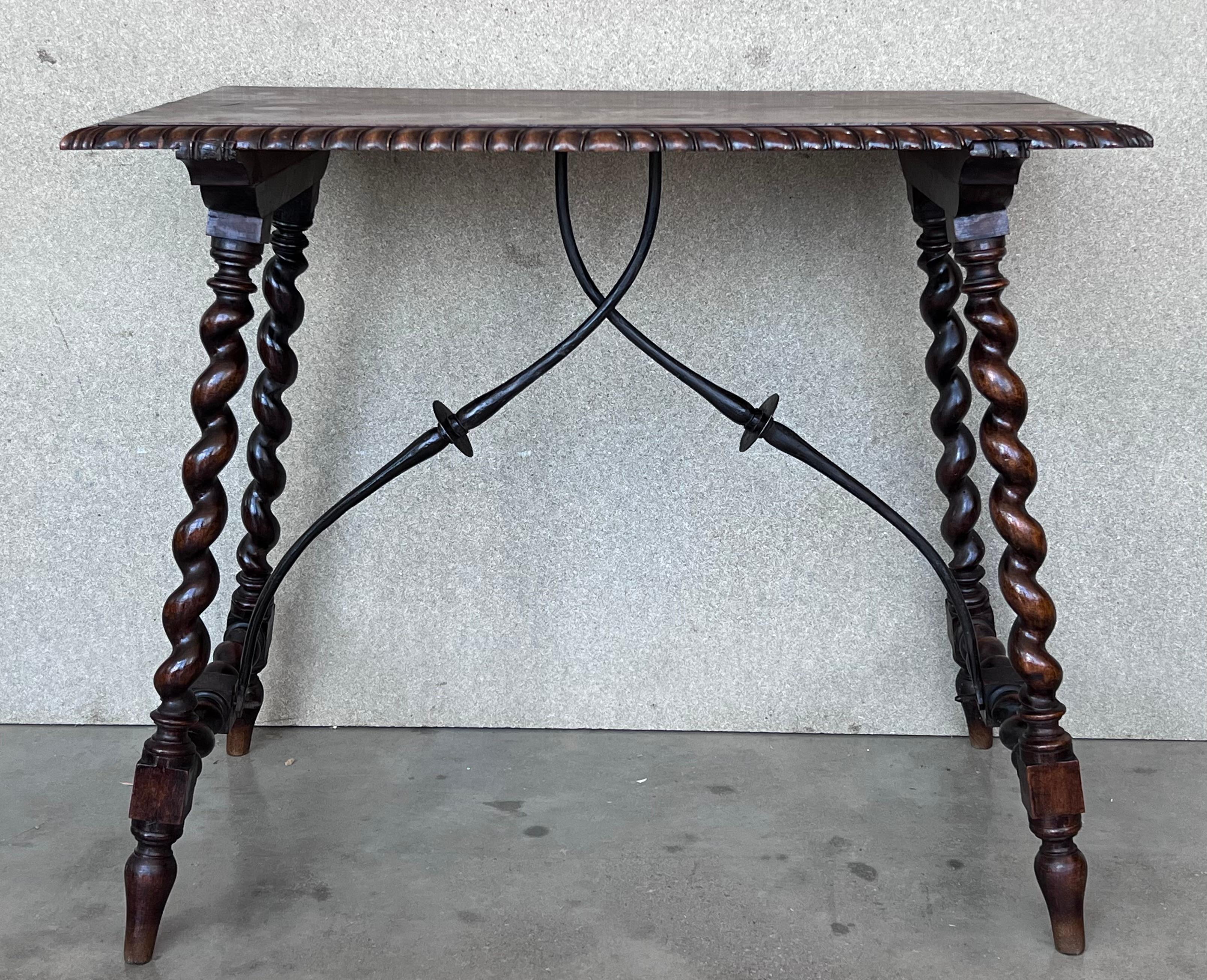 19th Century 19th Spanish Side Table with Cared Turned Legs and Iron Stretcher