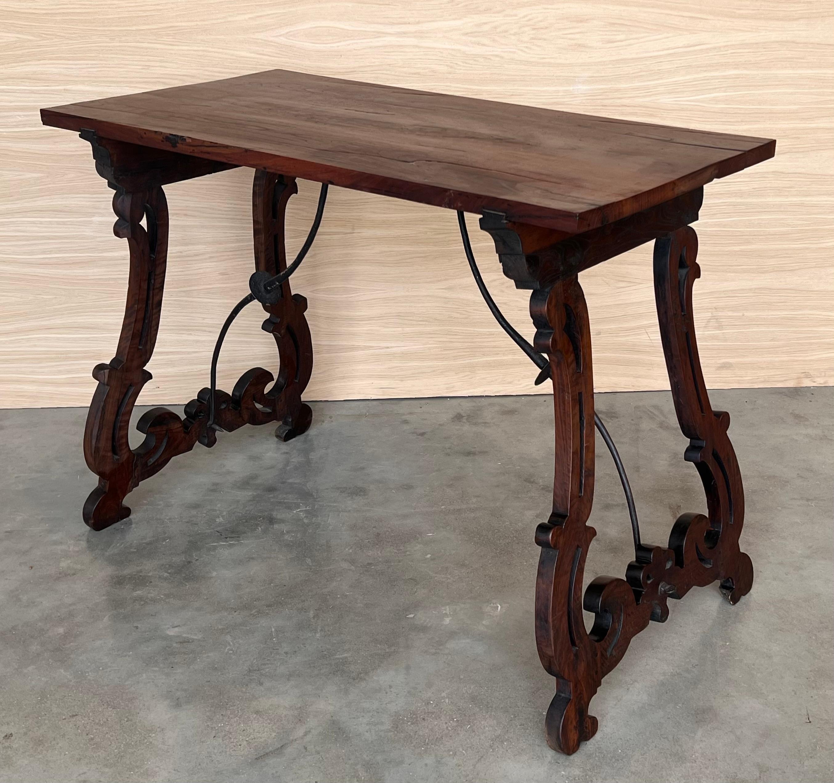 19th Century 19th Spanish Side Table with Cared Turned Legs and Iron Stretcher